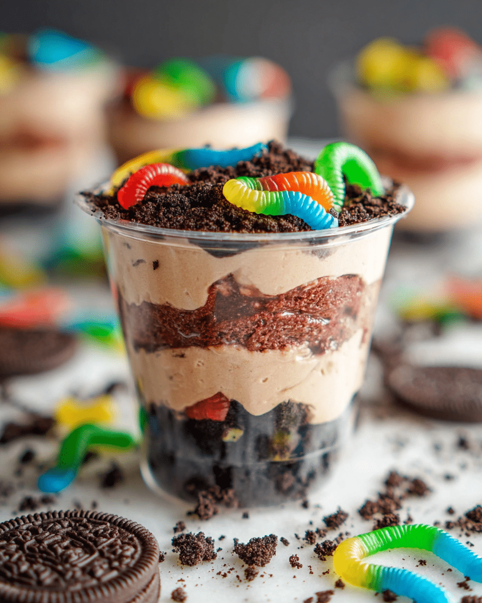 The dessert is in a clear plastic cup showing three layers: the bottom and middle layers are dark and crumbly crushed cookies that look soft and uneven, while the two layers in between are a smooth light brown mousse. The top layer of crushed cookies is sprinkled with colorful gummy worms in red, green, blue, and yellow, some partly buried in the crumbs. The cup sits on a white marbled surface with scattered cookie crumbs, whole cookies, and more gummy worms around it. The background is softly blurred, focusing tightly on the cup, creating a bright and inviting look. photo taken with an iphone --ar 4:5 --v 7