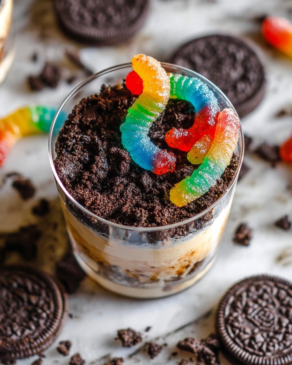 The dessert is shown in a clear round glass cup with three visible layers; the bottom layer is a creamy light brown base, the middle layer is thick crushed dark brown cookies that look like dirt, and the top layer is more cookie crumbs with four colorful gummy worms placed on top, each with a mix of bright colors like red, yellow, green, blue, and purple, positioned to look like they are crawling out of the cookie crumbs. The cup is set on a white marbled surface with additional gummy worms and some whole cookies scattered around. photo taken with an iphone --ar 4:5 --v 7