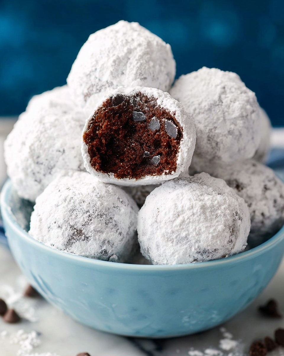 A light blue bowl filled with round chocolate cake balls covered in a thick layer of white powdered sugar, one cake ball cut in half and placed on top to show the dark brown, soft, and moist chocolate inside with small chocolate chunks embedded in it, all set on a white marbled surface. photo taken with an iphone --ar 4:5 --v 7