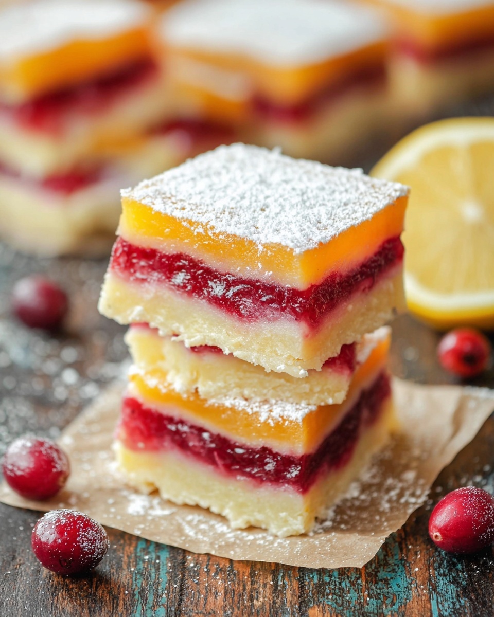 The image shows a stack of three square dessert bars with three distinct layers: a pale yellow base layer, a thick middle layer of bright red fruit filling, and a shiny orange-yellow top layer. A light dusting of white powdered sugar covers the top layer of the bars. The bars rest on a piece of parchment paper placed on a rustic wooden surface with a few scattered fresh red berries and a halved lemon nearby. In the background, more bars are visible, slightly out of focus. The photo taken with an iphone --ar 4:5 --v 7