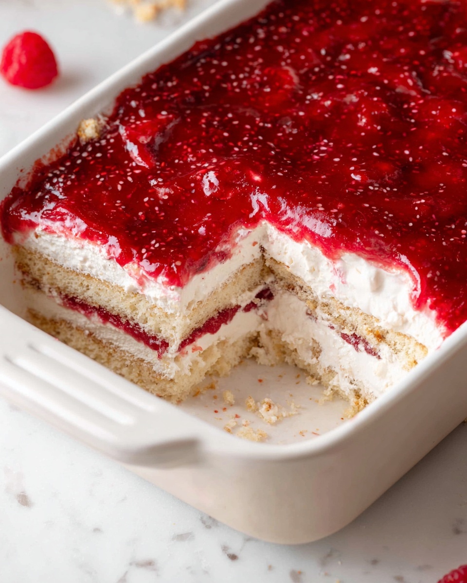 The image shows a white rectangular baking dish with a layered dessert inside. The dessert has three visible layers: the top layer is a thick, shiny red raspberry sauce with visible seeds, the middle layer consists of a white creamy filling, and between the creamy layers is a soft, light tan cake layer with a thin line of raspberry filling in between. A portion of the dessert is missing, revealing the layers clearly from the side. The dish is placed on a white marbled surface, and a single raspberry is visible in the background. Photo taken with an iphone --ar 4:5 --v 7