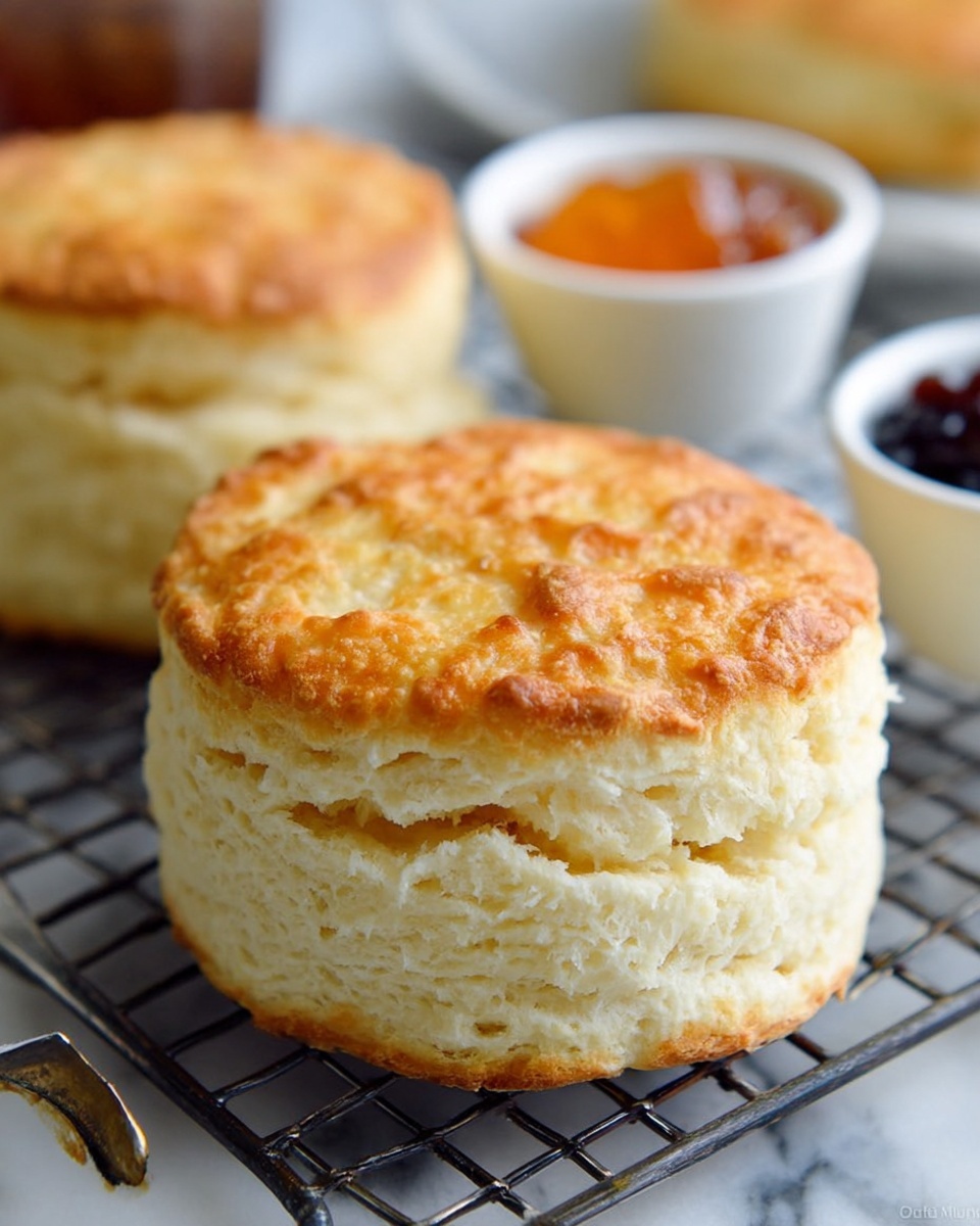 The image shows a close-up of a biscuit with two thick layers, the top layer is golden brown with a slightly crispy texture, and the bottom layer is lighter and fluffy with some small holes. Between these layers, melted butter oozes out, creating a shiny, creamy yellow layer that drips down the sides. The biscuit sits on a white marbled surface, and the lighting highlights the soft texture and buttery shine. photo taken with an iphone --ar 4:5 --v 7