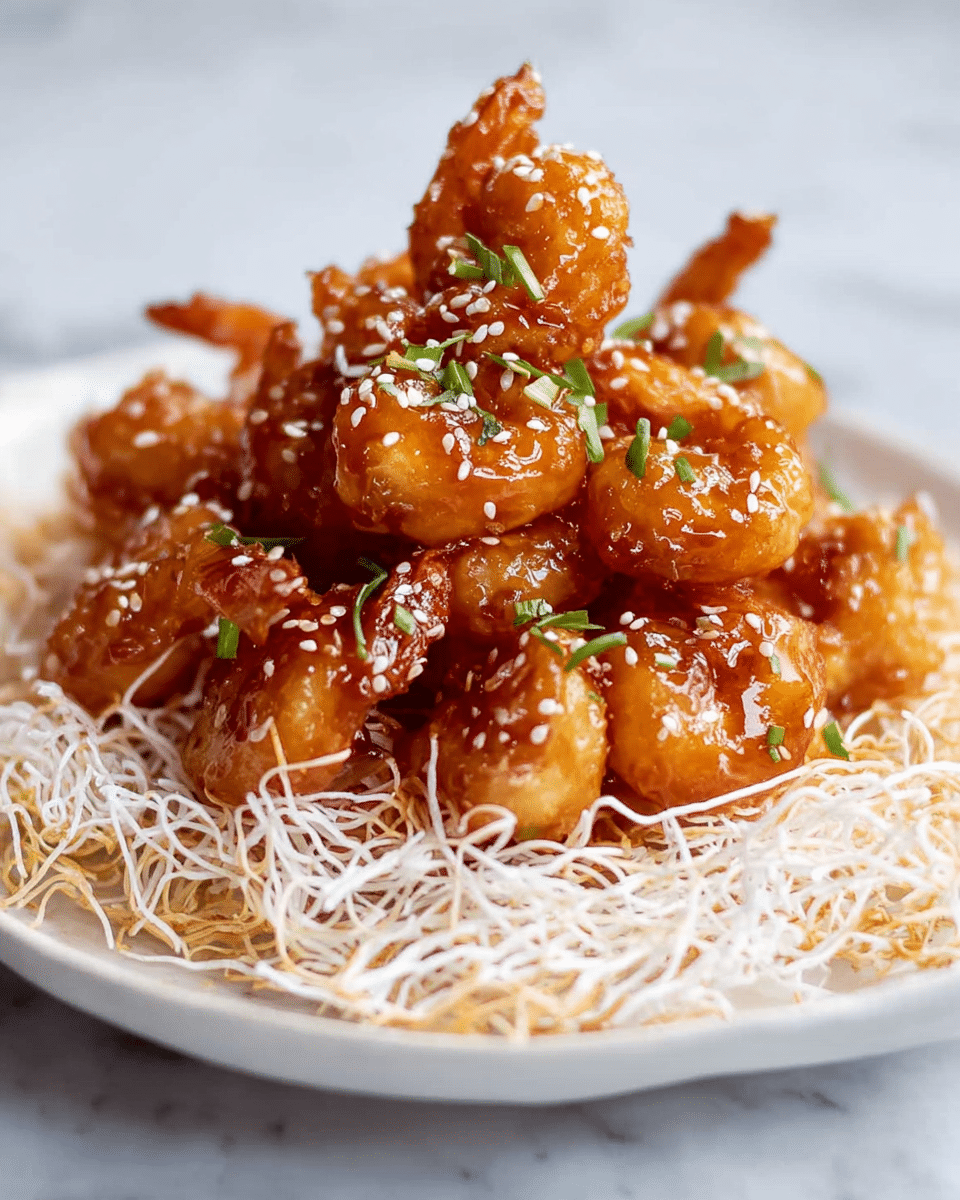The dish shows a pile of golden-brown fried shrimp coated in a shiny glaze, topped with small white sesame seeds and tiny pieces of green herbs. These shrimp rest on a nest of thin, crispy white fried noodles that add texture and volume at the bottom. The food is arranged on a white plate set against a white marbled surface. The look is warm, crunchy, and fresh with a mix of smooth and crisp layers. photo taken with an iphone --ar 4:5 --v 7