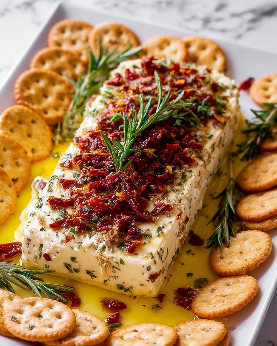 This image shows a rectangular block of creamy cheese with visible green herbs mixed inside as the first layer. The cheese block is covered with an uneven layer of finely chopped sun-dried tomatoes and sprinkled with fresh green rosemary sprigs on top. It sits on a white rectangular plate surrounded by a ring of round, golden-brown crackers neatly placed around the edges. The cheese rests in a pool of golden oil that adds shine and small bits of herbs and tomatoes scattered around. The background is a white marbled texture. Photo taken with an iphone --ar 4:5 --v 7