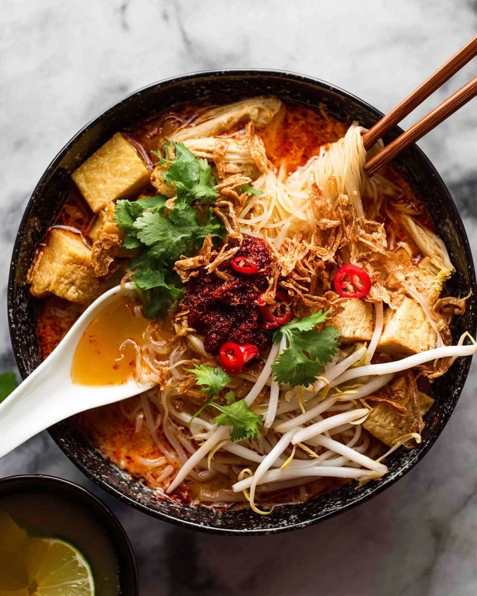 A black bowl filled with a layered spicy noodle soup on a white marbled surface, featuring thin soft noodles at the bottom soaked in a rich, orange-red broth. On top, light brown shredded chicken pieces are scattered alongside cubes of golden-brown tofu. White bean sprouts and bright red chili slices are spread over the dish, with fresh green cilantro leaves adding color on the top layer. A generous dollop of dark reddish-brown chili paste sits in the center, topped with crispy brown shallots. Wooden chopsticks rest on the bowl's edge, lifting some noodles, and a white spoon containing orange broth sits inside the bowl on the left. Photo taken with an iphone --ar 4:5 --v 7