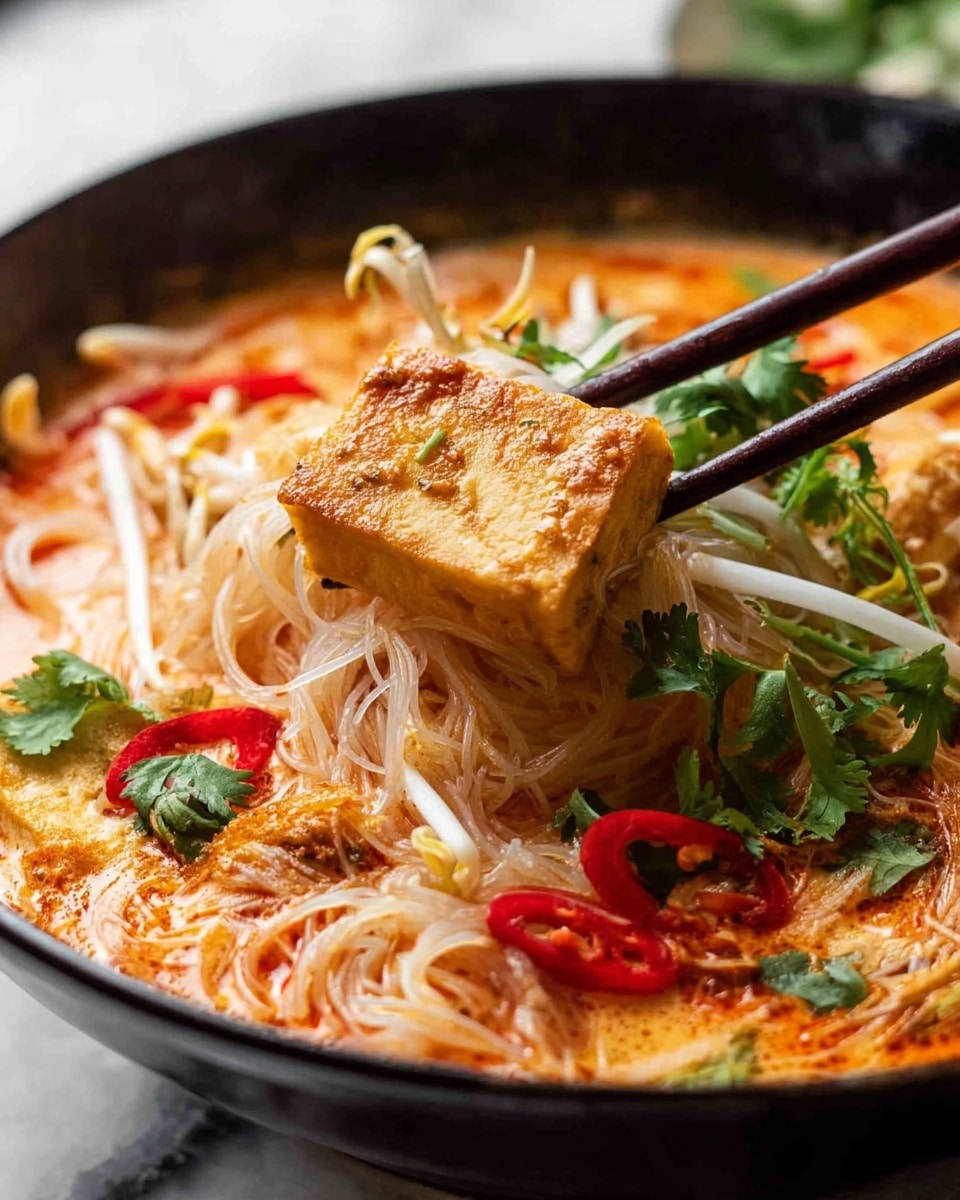 A close-up of a bowl filled with a creamy orange broth layered with thin white noodles and bean sprouts spread throughout. On top of the noodles, there are green cilantro leaves and bright red chili slices adding color and texture. A piece of golden-brown tofu is held above the bowl by dark brown chopsticks, showing its soft, slightly porous texture. The bowl is black and sits on a white marbled surface, creating contrast with the vibrant food colors. Photo taken with an iphone --ar 4:5 --v 7