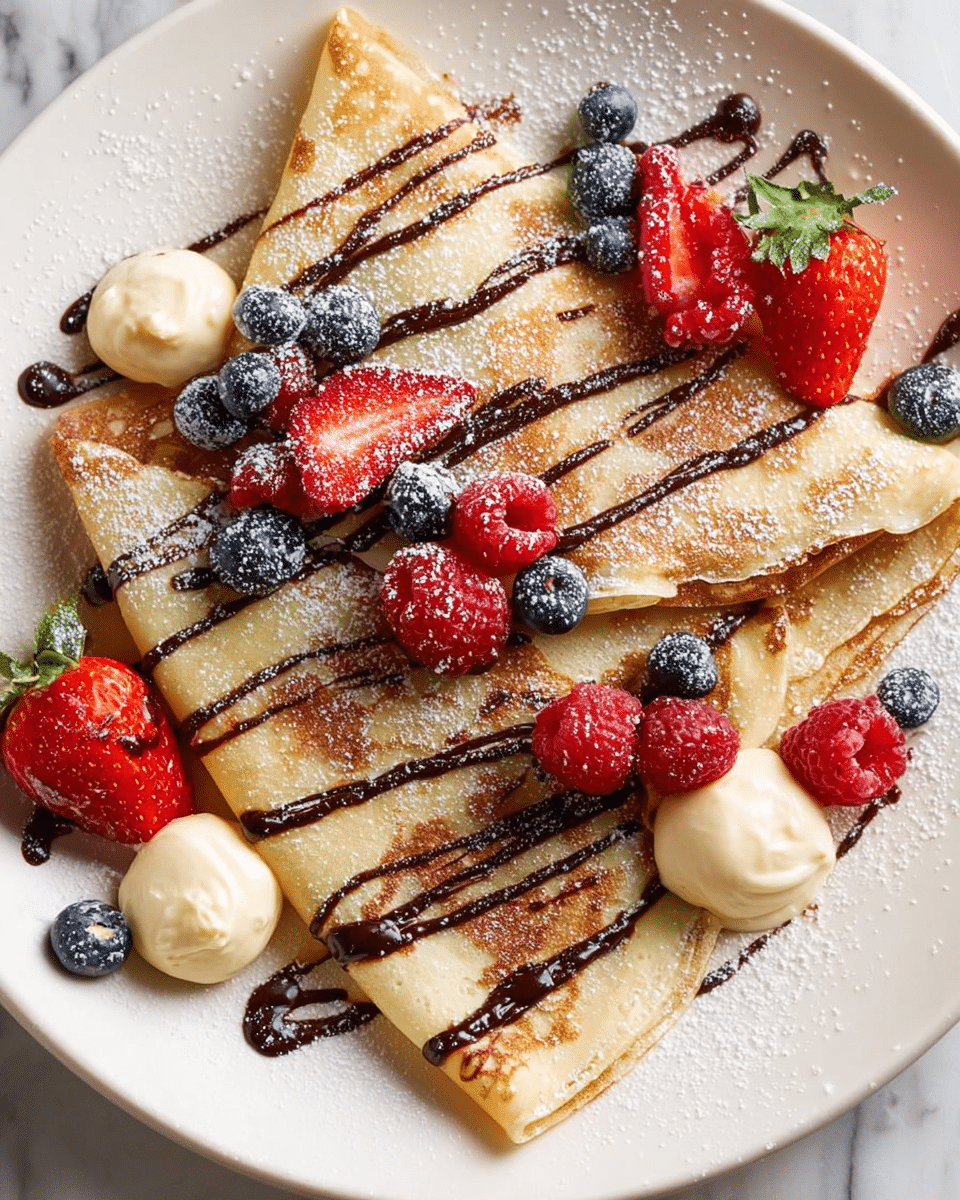 The dish shows three thin crepes folded into triangles and placed overlapping on a white plate on a white marbled surface. The crepes are light golden brown with a soft texture and are drizzled with dark chocolate sauce in thin lines across the surface. Fresh red raspberries, halved strawberries with green tops, and whole blueberries are scattered around and on top of the crepes. A few dollops of pale cream are dotted on the plate and crepes, some topped with berries. A light dusting of powdered sugar covers the crepes and berries lightly, adding a soft white texture to the scene. photo taken with an iphone --ar 4:5 --v 7