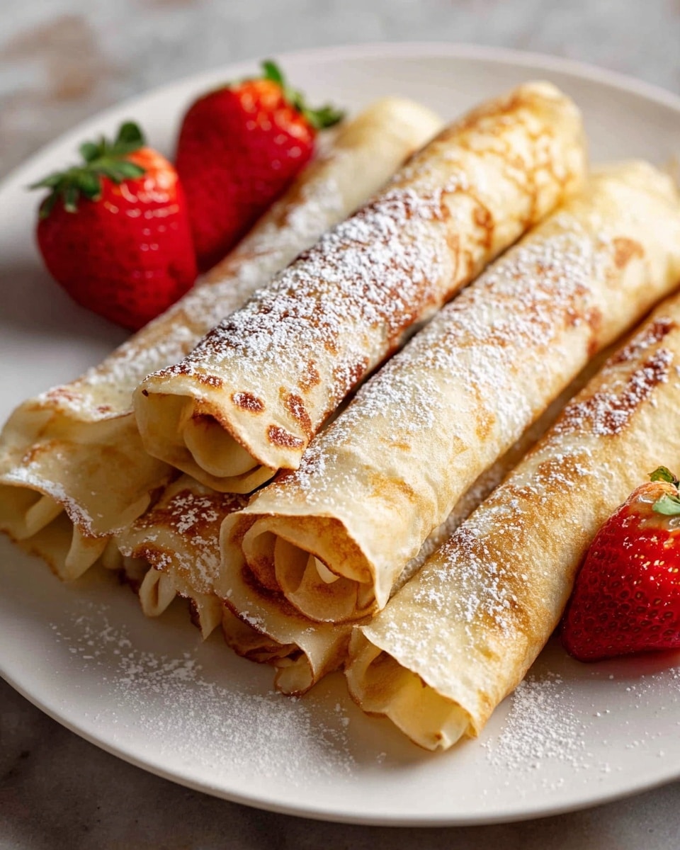 The image shows a white plate filled with six rolled crepes stacked neatly. Each crepe is light golden brown with a slightly crisp edge, dusted unevenly with white powdered sugar. Around the crepes, there are three bright red strawberries with green leafy tops, adding a fresh splash of color. The plate sits on a white marbled surface, giving a clean and simple background. The texture of the crepes looks soft and thin, with a slight sheen from light reflecting off their surface. photo taken with an iphone --ar 4:5 --v 7
