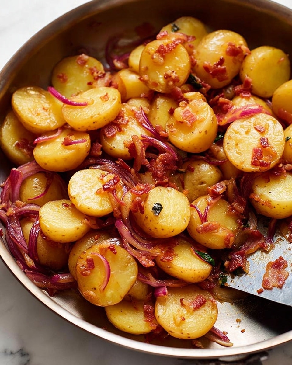 The image shows a close-up of a pan filled with cooked small potatoes sliced into thin rounds, mixed with red onion slices and bits of crispy bacon. The potatoes have a golden-yellow color with a slight shine, while the red onions add thin strands of bright purple-red throughout. The bacon pieces are small, fried, and have a reddish-brown crispy texture scattered evenly on the potatoes. A metal spatula is partly visible in the bottom right corner, resting in the pan that has a dark metallic finish. The background is a white marbled texture. photo taken with an iphone --ar 4:5 --v 7