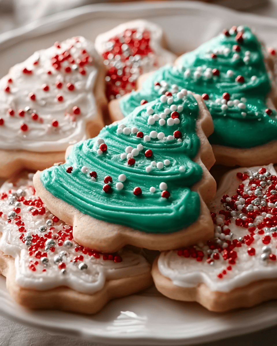 The image shows a close-up of several Christmas-themed sugar cookies arranged closely together on a white plate. The cookies have a smooth, light tan base layer with thick layers of icing on top. One cookie in the center is shaped like a Christmas tree and is decorated with a vibrant green icing layer that has a smooth, slightly swirled texture, topped with small white and red spherical sprinkles. Surrounding it are other cookies with a white icing layer that has a soft, smooth texture and is decorated with red and silver sprinkles in small clusters. The cookies have detailed, slightly raised edges that follow their shapes, highlighting the festive designs. The photo taken with an iphone --ar 4:5 --v 7