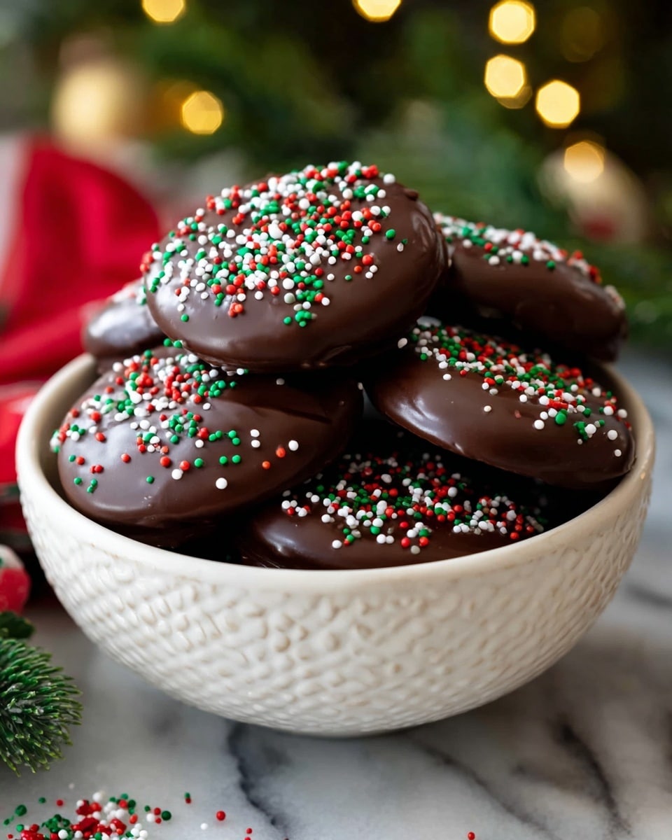 In a white bowl with a textured rim, there are several round chocolate-covered cookies stacked on top of each other. Each cookie is fully coated in shiny dark chocolate and sprinkled with small, round red, green, and white sprinkles scattered unevenly across the top surface. The bowl is set on a white marbled surface, with some sprinkles spilled around the base adding a festive, colorful touch. In the blurred background, there are hints of green foliage and soft holiday lights, enhancing the Christmas theme. Photo taken with an iphone --ar 4:5 --v 7