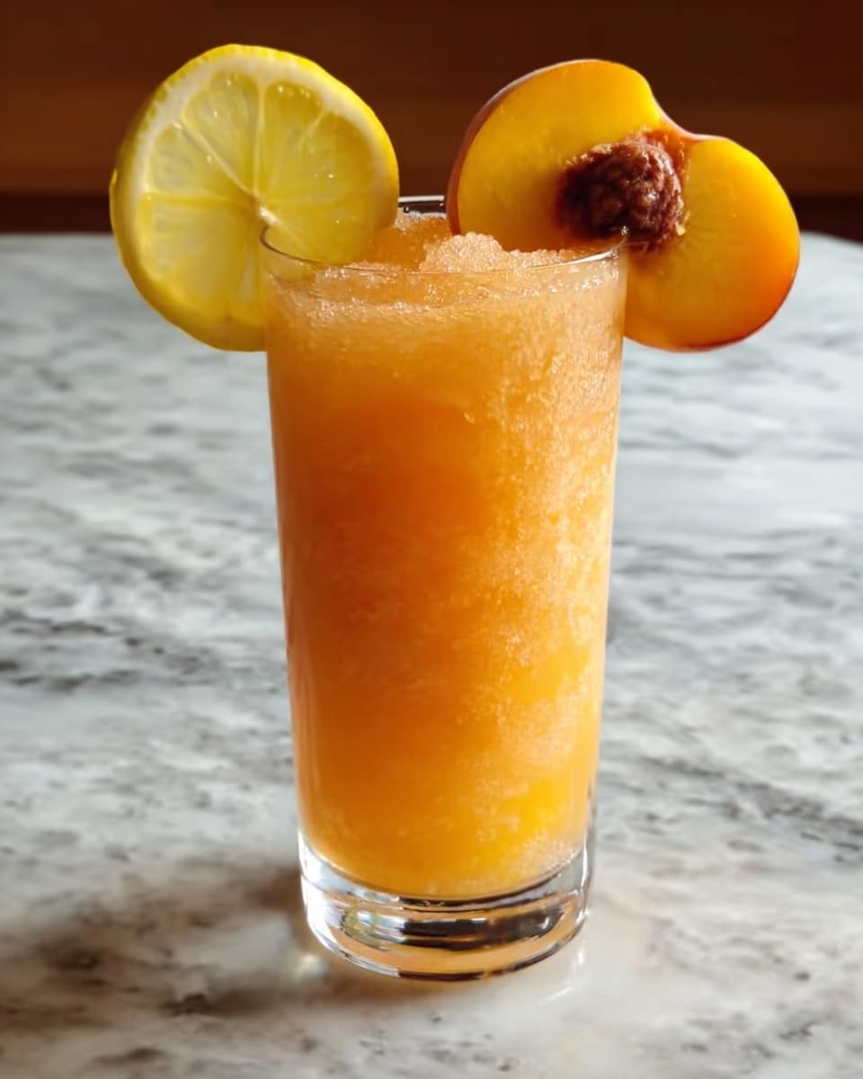 The image shows a tall clear glass filled with a crushed orange-colored drink that looks icy and textured. The drink is garnished with two fruit slices placed at the rim of the glass: a bright yellow lemon slice on the left and a half peach with its dark pit visible on the right. The glass sits on a white marbled surface with a soft light that enhances the colors and textures. Photo taken with an iphone --ar 4:5 --v 7