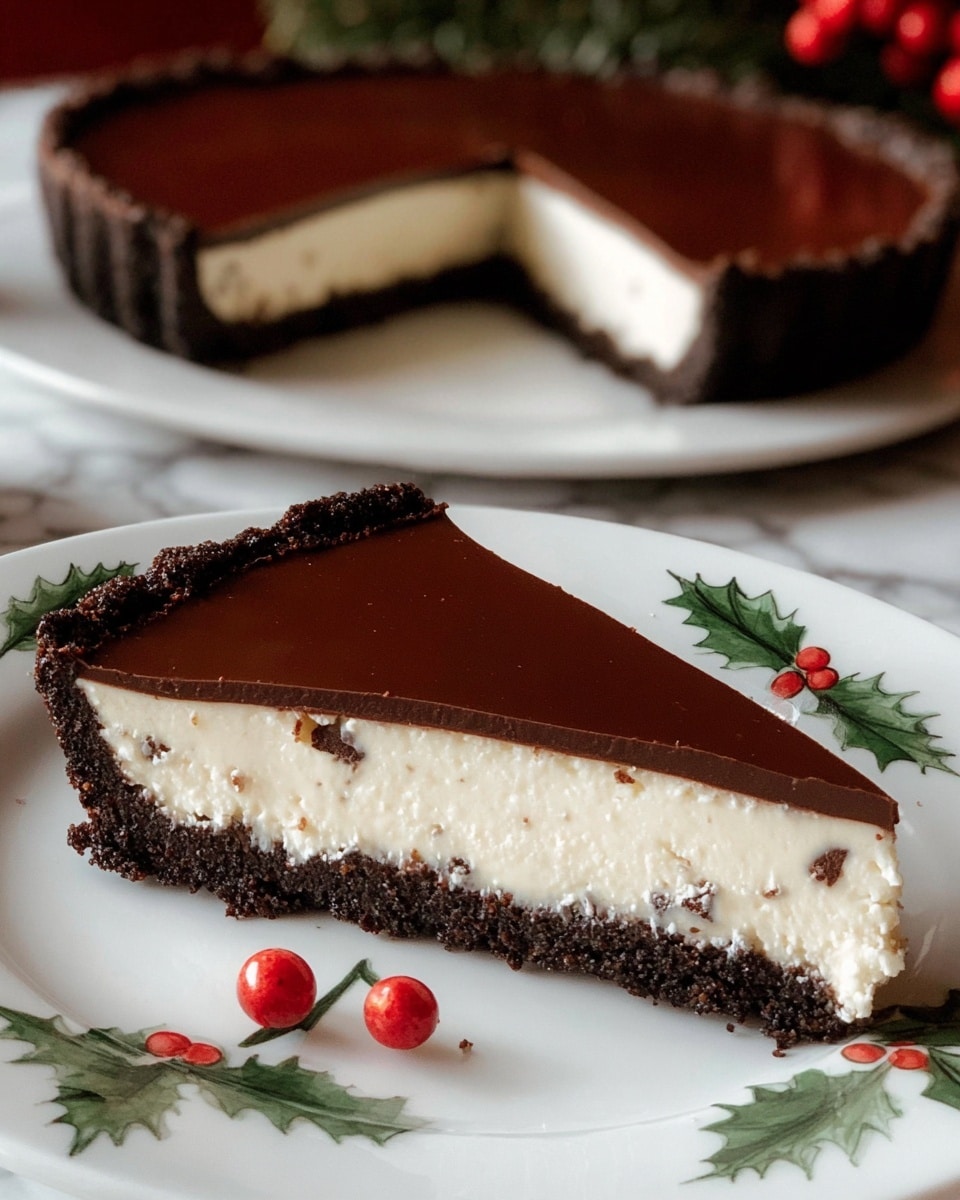 A slice of tart with three visible layers sits on a white plate decorated with green holly leaves and red berries. The bottom layer is a dark crumbly crust, rough in texture and thick. The middle layer is a thick, fluffy white creamy filling with a few small chocolate bits scattered inside. The top layer is a smooth, even dark chocolate ganache that looks shiny and firm. In the background, the rest of the tart, showing the same layers, sits on a white plate on a white marbled surface. Photo taken with an iphone --ar 4:5 --v 7