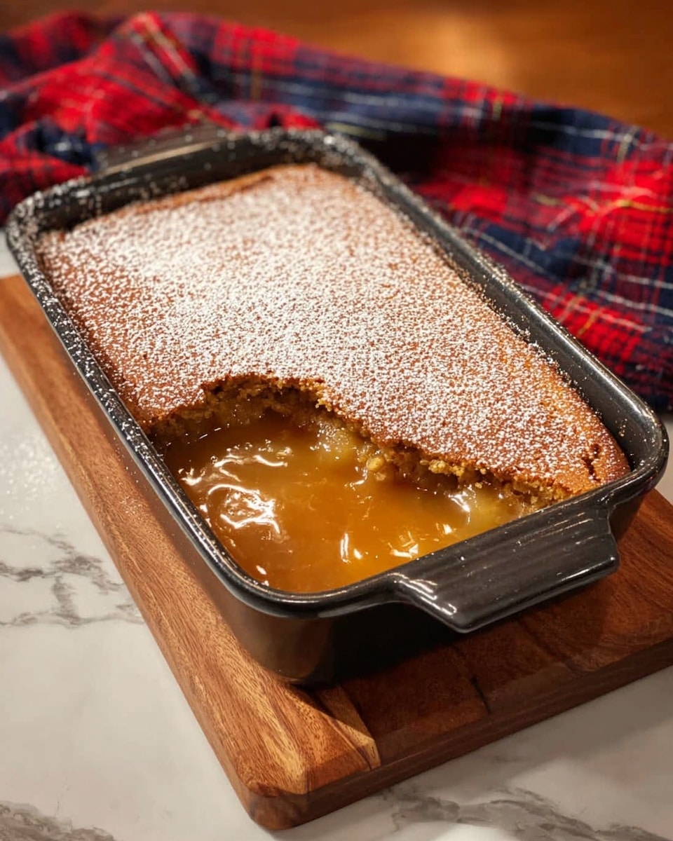 A rectangular black baking dish holds a warm dessert with two visible layers; the top layer is a golden brown cake crust dusted unevenly with white powdered sugar, showing a slightly cracked and textured surface with one corner missing, revealing the bottom layer. The bottom layer is a thick, glossy caramel-like sauce in a rich amber color, pooling around the edges and beneath the cake. The dish sits on a wooden cutting board placed on a white marbled surface, with a red and dark blue plaid cloth softly blurred in the background. Photo taken with an iphone --ar 4:5 --v 7