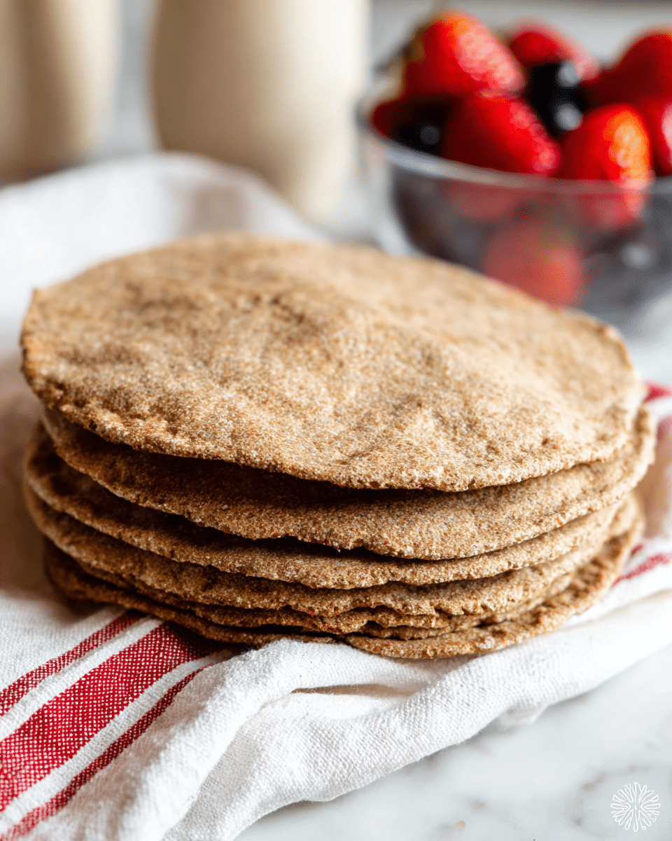 A stack of six round, flat, brown flatbreads with a coarse, grainy texture sits on a white cloth with red stripes. The flatbreads show uneven edges and a slightly rough surface. In the background, there is a blurred glass bowl filled with bright red strawberries and dark blueberries. The overall setting is on a white marbled surface. photo taken with an iphone --ar 4:5 --v 7