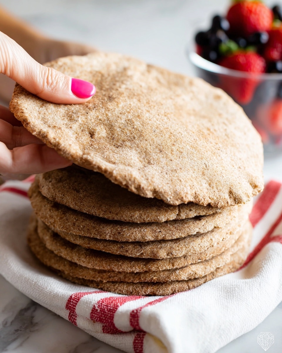A close-up image shows a stack of seven thick, round flatbreads with a coarse, textured surface and a light brown color. A woman's hand with pink nail polish is lifting the top flatbread, highlighting its soft and slightly rough texture. The stack is placed on a white cloth with red stripes. In the blurred background, a clear bowl filled with bright red strawberries and dark blueberries rests on a white marbled surface, adding a pop of color. Photo taken with an iphone --ar 4:5 --v 7