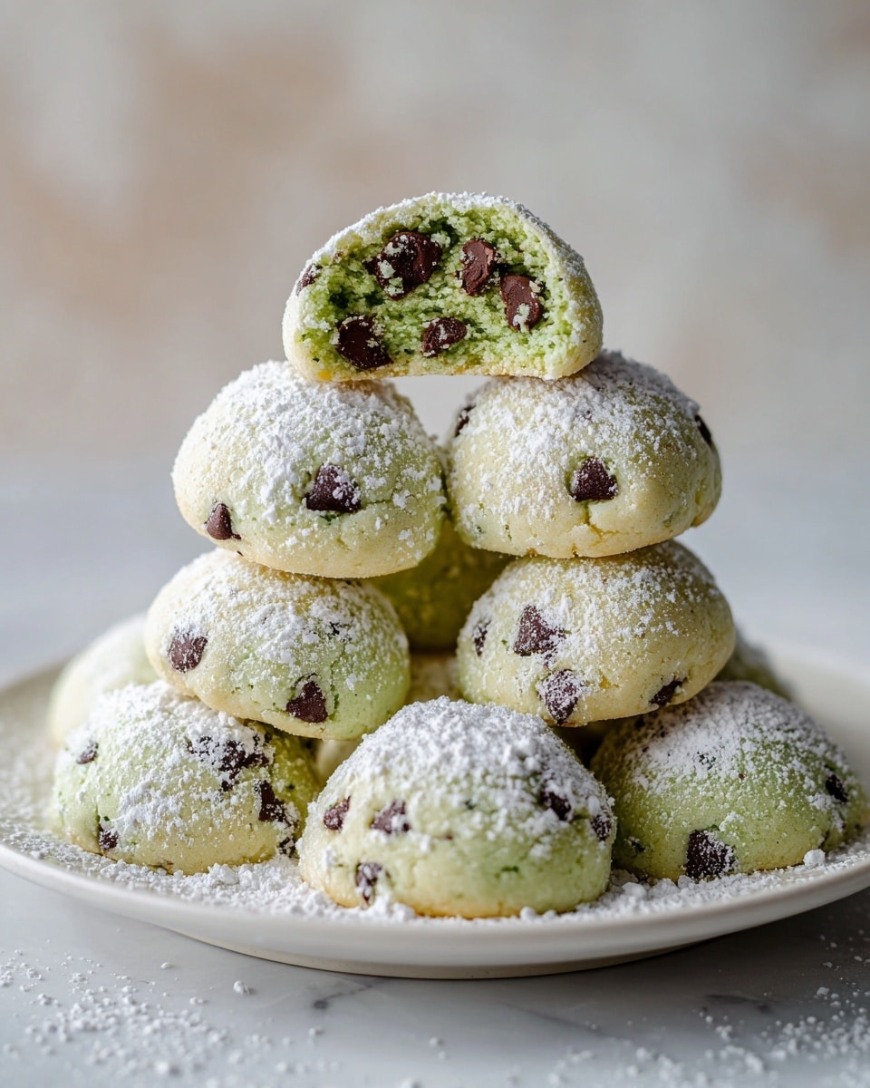 A white plate holds a pyramid stack of small, round, light green cookies dotted with dark brown chocolate chips, each cookie lightly dusted with white powdered sugar. One cookie is cut in half and balanced on top, revealing a soft, crumbly interior filled with chocolate chips, matching the outside texture. The cookies have a smooth but slightly grainy surface, with some chocolate chips protruding on top. The plate sits on a white marbled texture with soft natural light enhancing the colors and textures. photo taken with an iphone --ar 4:5 --v 7