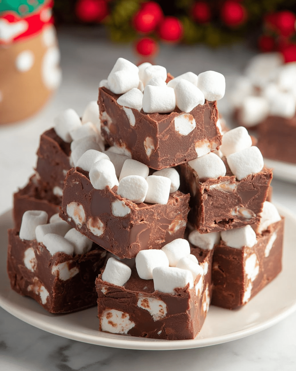 The image shows several thick square pieces of chocolate fudge stacked on a white plate, each piece filled with and topped by white mini marshmallows. The fudge has a smooth, rich dark brown color with scattered soft marshmallows inside, creating a contrast of white and brown textures. The mini marshmallows on top are fluffy and round, giving a slightly uneven and soft surface. The background has a white marbled texture, and red and green blurred holiday decorations add a warm, festive feel. photo taken with an iphone --ar 4:5 --v 7