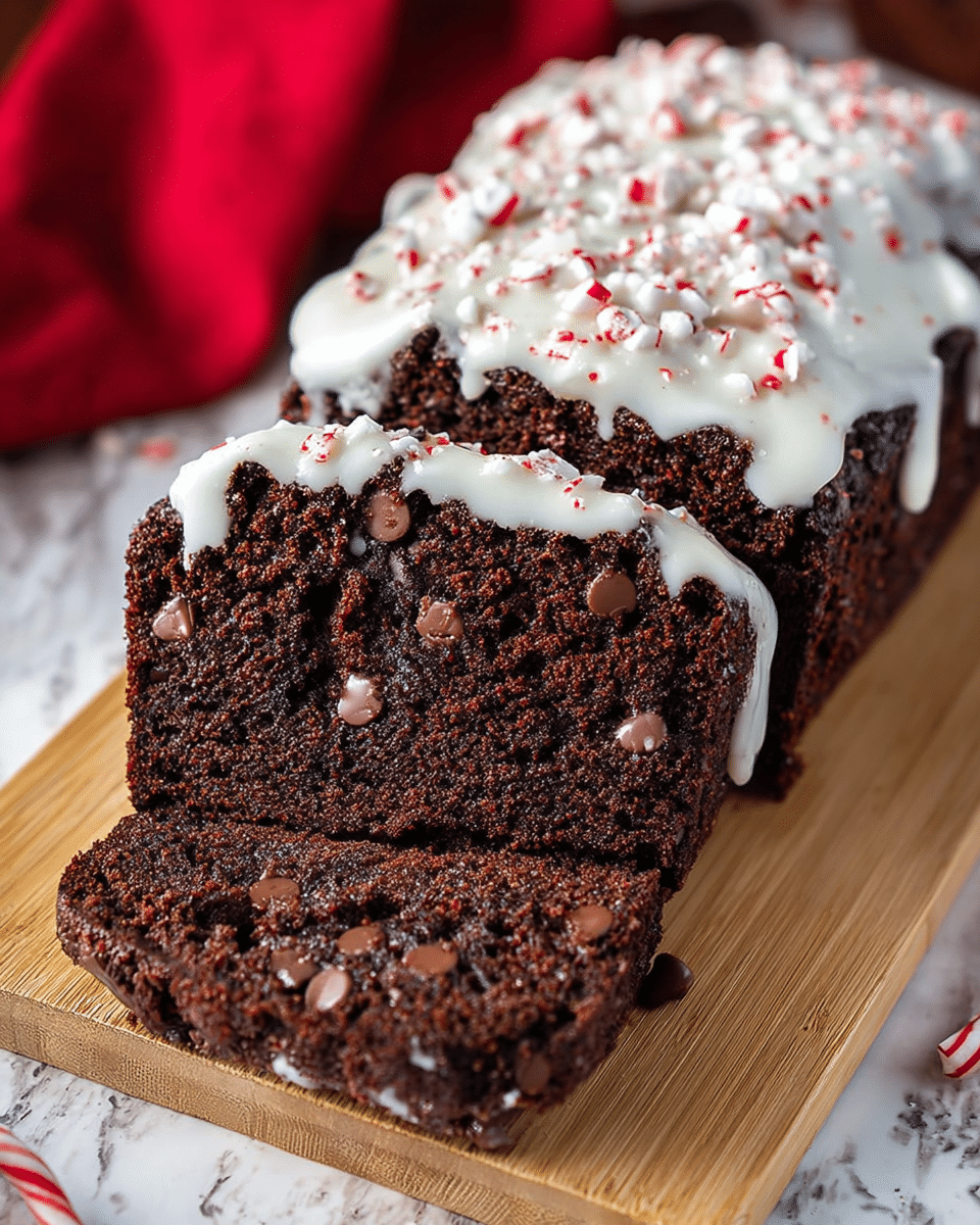 A thick slice of dark brown chocolate cake is shown with a coarse texture and small chocolate chips embedded throughout. The cake is topped with a thick layer of white icing that is slightly shiny, dripping down the sides, and sprinkled with small red and white candy pieces and tiny chocolate chips. The cake rests on a light wooden board, and the background has a white marbled texture with a red cloth partially visible. photo taken with an iphone --ar 4:5 --v 7