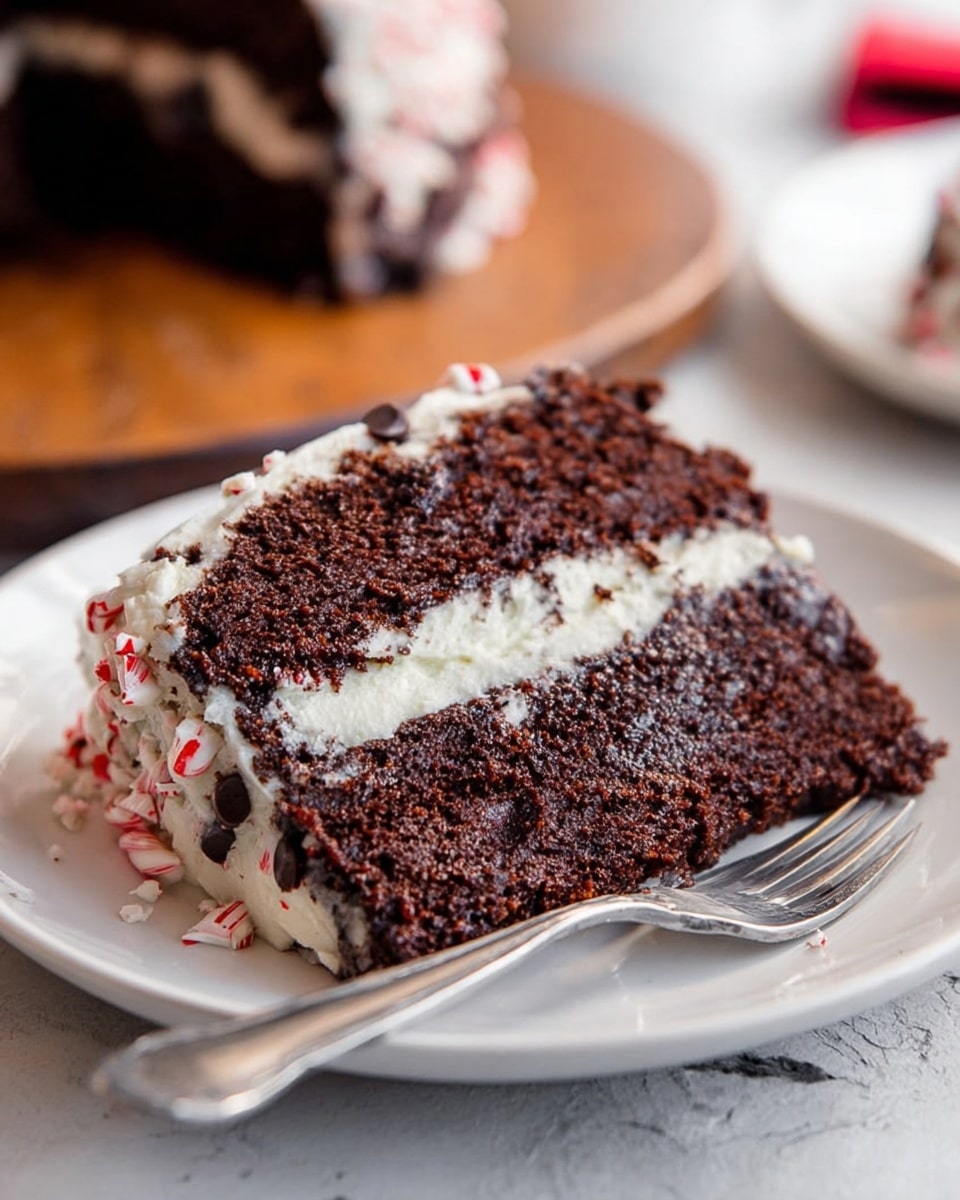 A close-up view of a slice of chocolate cake on a white plate with a silver fork on the side. The cake has two thick, dark brown layers with a creamy white frosting layer in between and on the sides. The frosting appears soft and slightly melting, with small chocolate chips and bits of red and white peppermint candy around the edges. The background shows a wooden board with more cake slices out of focus on a white marbled texture surface. Photo taken with an iphone --ar 4:5 --v 7