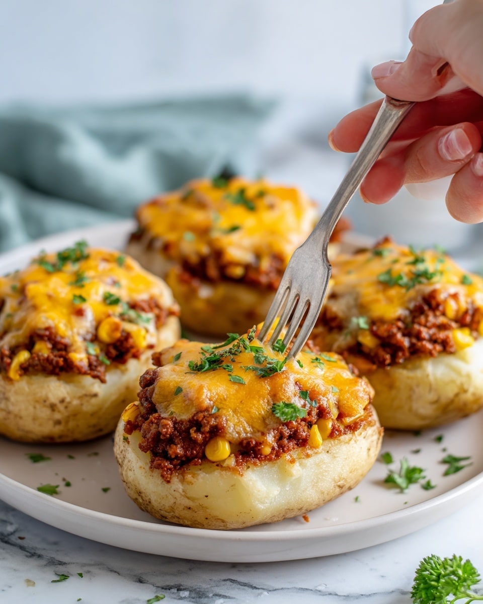 The image shows four stuffed baked potatoes on a white plate, set on a white marbled surface. Each potato is cut in half, with the bottom layer of smooth mashed potatoes filling the skin. On top of the mashed potatoes, there is a layer of cooked ground beef mixed with yellow corn kernels, giving a rich brown and yellow texture. The top layer is melted orange cheddar cheese, slightly browned, with small green parsley leaves sprinkled as garnish. A woman's hand holding a fork is partially visible. Photo taken with an iphone --ar 4:5 --v 7