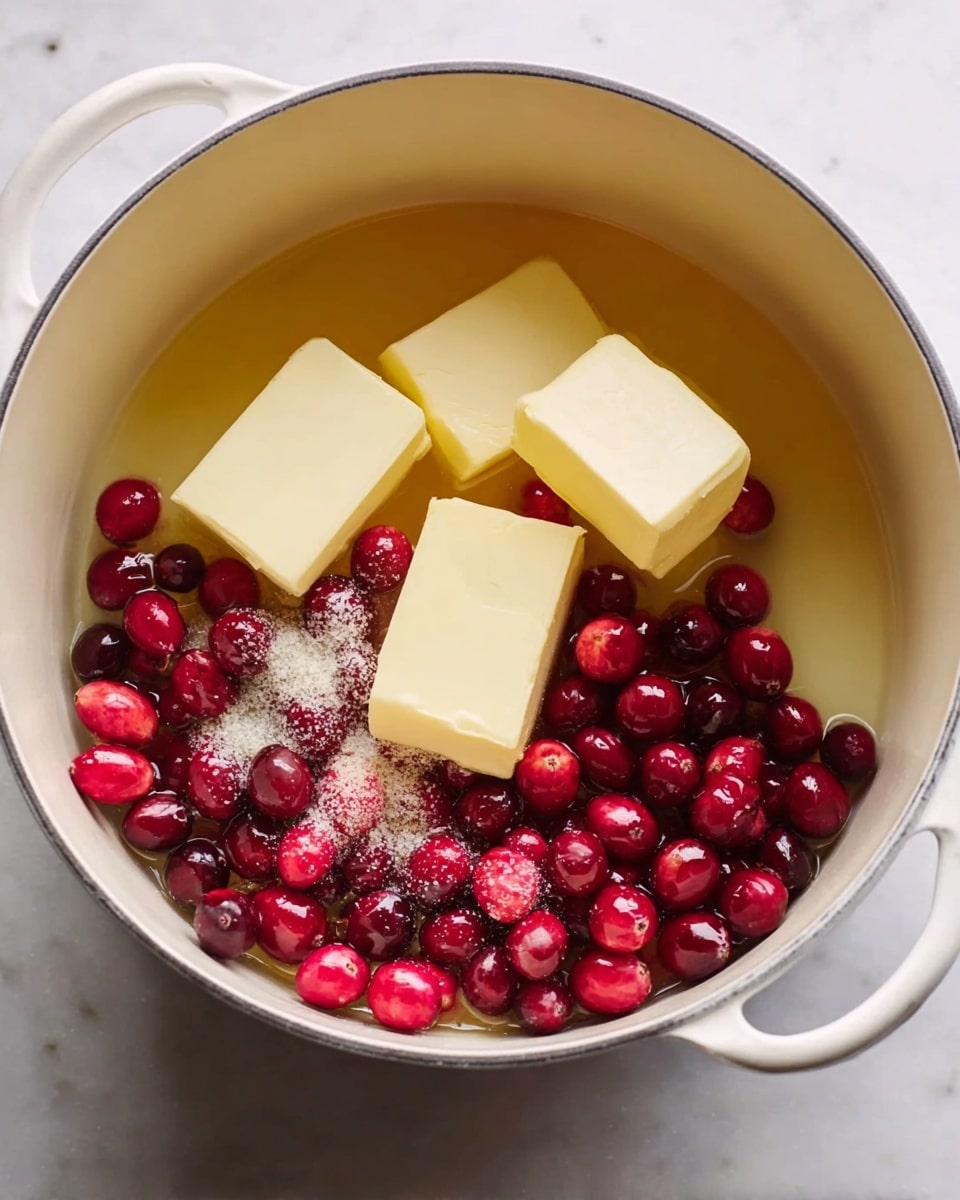In a large white pot, there is a clear pale yellow liquid filling the bottom as the first layer. On top of this layer are three blocks of light yellow butter positioned slightly to the left. Around and to the right of the butter, shiny, round, deep red cranberries make up a vibrant second layer, scattered unevenly. There is a small sprinkle of white granulated sugar on the butter and some cranberries. The pot sits on a white marbled surface. photo taken with an iphone --ar 4:5 --v 7