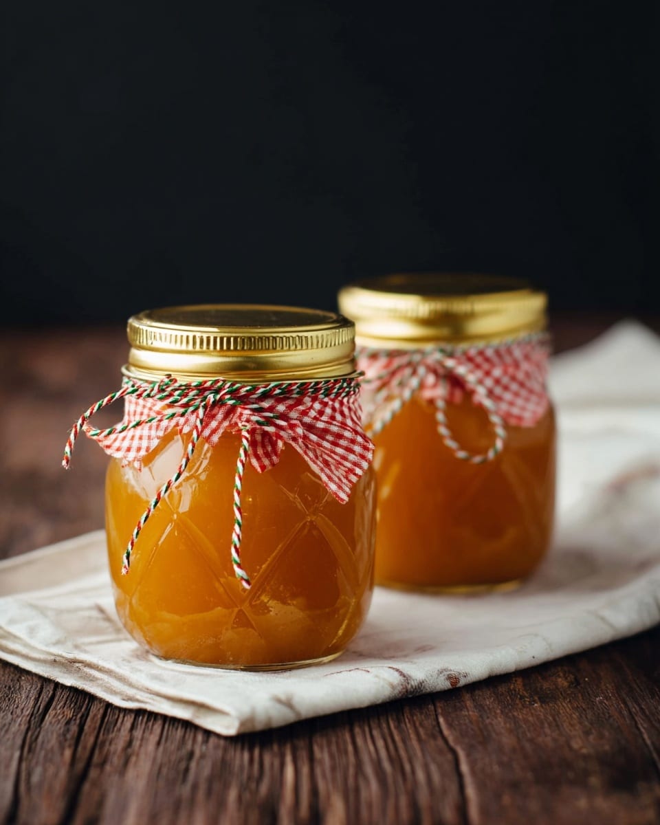 Two small glass jars filled with smooth, golden-orange jam are placed on a white cloth that lies on a dark wooden surface. Each jar is topped with a shiny gold lid and wrapped with a red, white, and green twisted string tied into a bow near the neck. The jars have an embossed design, with one jar in the front and the other slightly behind it. The background is dark, contrasting with the bright jars and cloth, all set on a white marbled texture. photo taken with an iphone --ar 4:5 --v 7