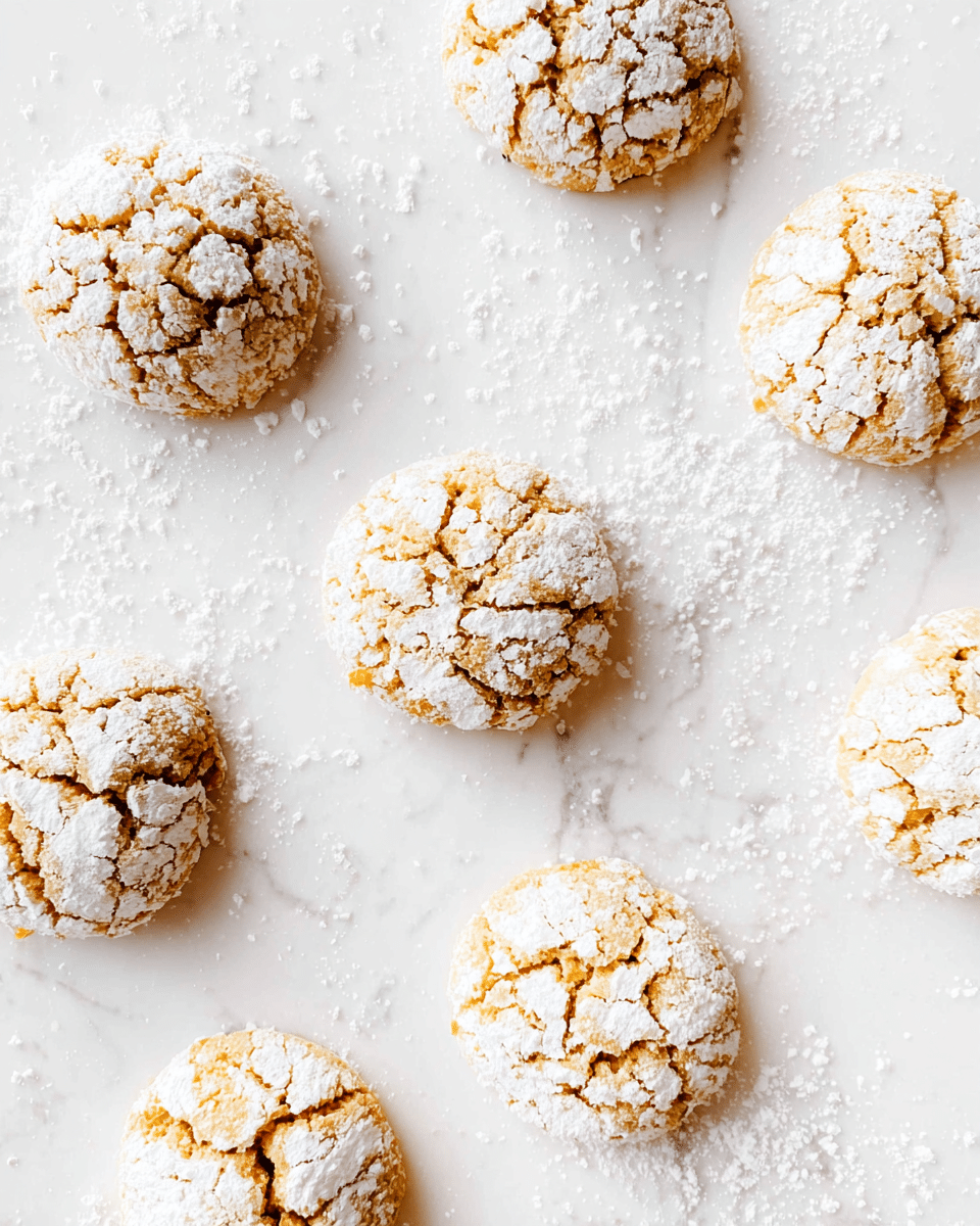 Seven round cookies with a cracked surface are scattered on a white marbled background. Each cookie is light golden brown in color and is covered with a generous layer of white powdered sugar, creating a textured look of fine dust on top and around them. The cookies are spaced irregularly, showing the marbled surface between them. photo taken with an iphone --ar 4:5 --v 7