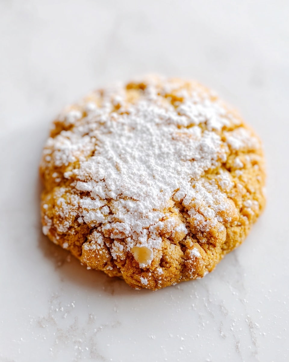 The image shows a single round cookie placed directly on a white marbled surface. The cookie has a golden-brown color with a slightly rough texture, dotted with small chunks that add to its chewy appearance. A generous dusting of white powdered sugar covers the top and a bit around the cookie, creating a soft contrast against the golden base. The cookie looks thick and slightly cracked on the edges, giving it a homemade, rustic look. Photo taken with an iphone --ar 4:5 --v 7