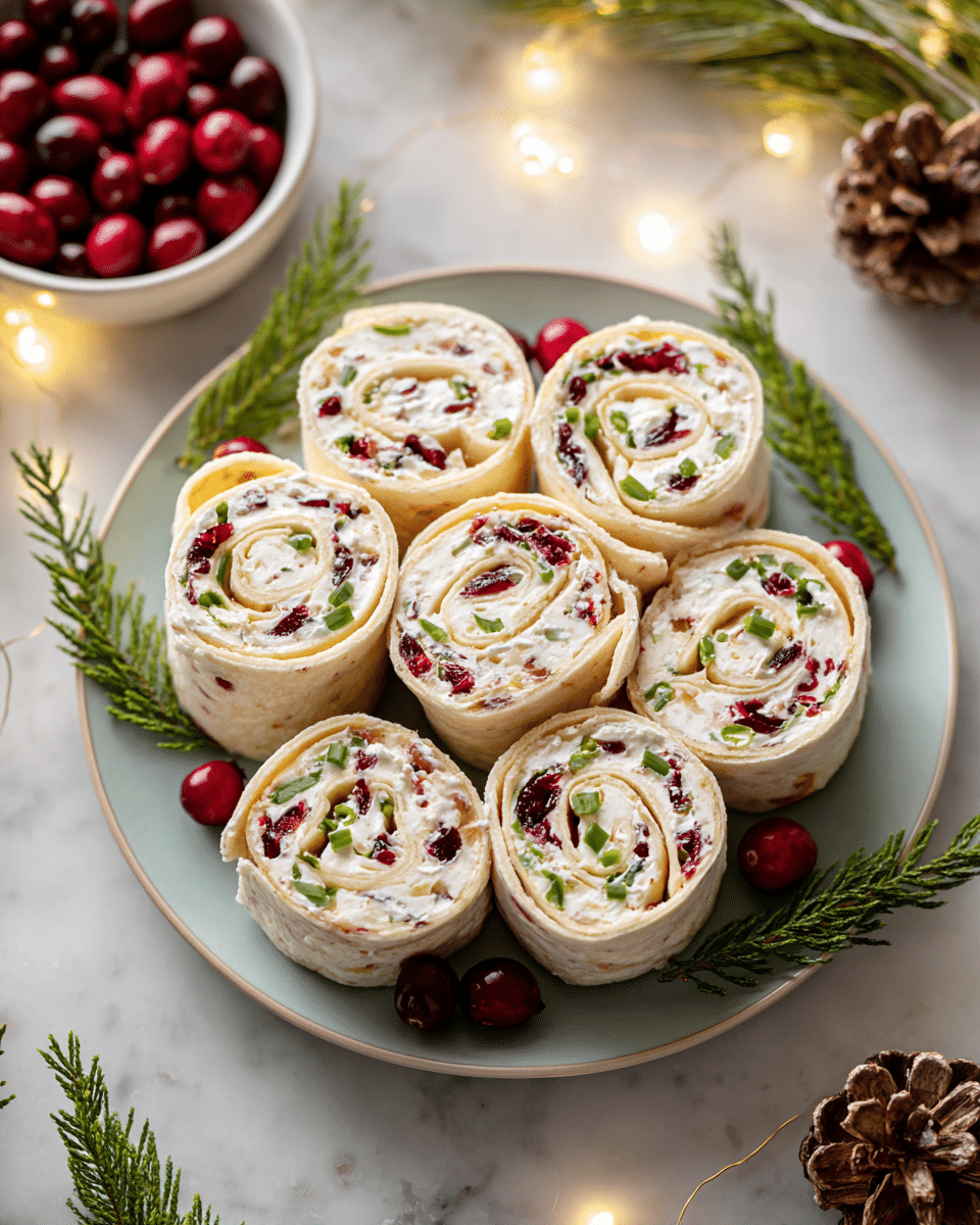 A white plate holds a neat circle of eight tortilla roll-ups, each about two layers thick with a creamy white cheese spread inside. The spread is mixed with small pieces of red cranberries and bright green chives, giving a swirling pattern through the light beige tortillas. A few whole cranberries and green pine needle sprigs are placed around the roll-ups on the plate for decoration. The plate is set on a white marbled surface with warm fairy lights, pinecones, and a small white bowl of cranberries visible in the background. photo taken with an iphone --ar 4:5 --v 7