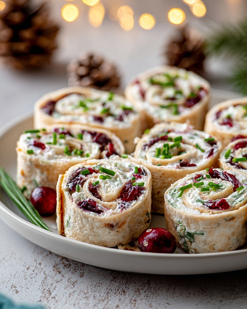 A white plate holds nine pinwheel-shaped tortilla roll-ups arranged close together. Each roll-up shows two visible layers: a soft, light brown tortilla wrap on the outside with flecks of herbs and a creamy off-white cheese filling inside. The filling swirls with deep red dried cranberries and fresh green chopped chives scattered on top. Pine cones rest on the edge of the plate, adding a rustic touch, and the scene is set against a white marbled textured background with warm out-of-focus lights in the distance. photo taken with an iphone --ar 4:5 --v 7