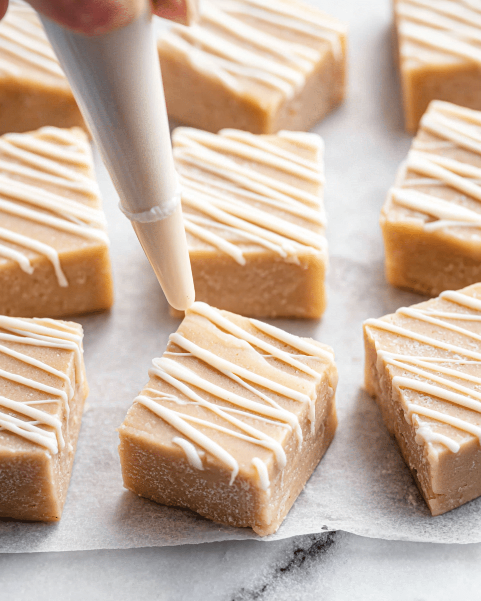 The image shows soft, light beige fudge pieces in two shapes—round and triangle—arranged on a white plate lined with brown parchment paper. Each fudge piece has thin white icing drizzled diagonally on top, with a slightly glossy texture and some granulated sugar sprinkled over. In the background, a white bowl filled with light brown sugar is partially visible. The scene is set on a white marbled surface, giving a clean and bright look. photo taken with an iphone --ar 4:5 --v 7