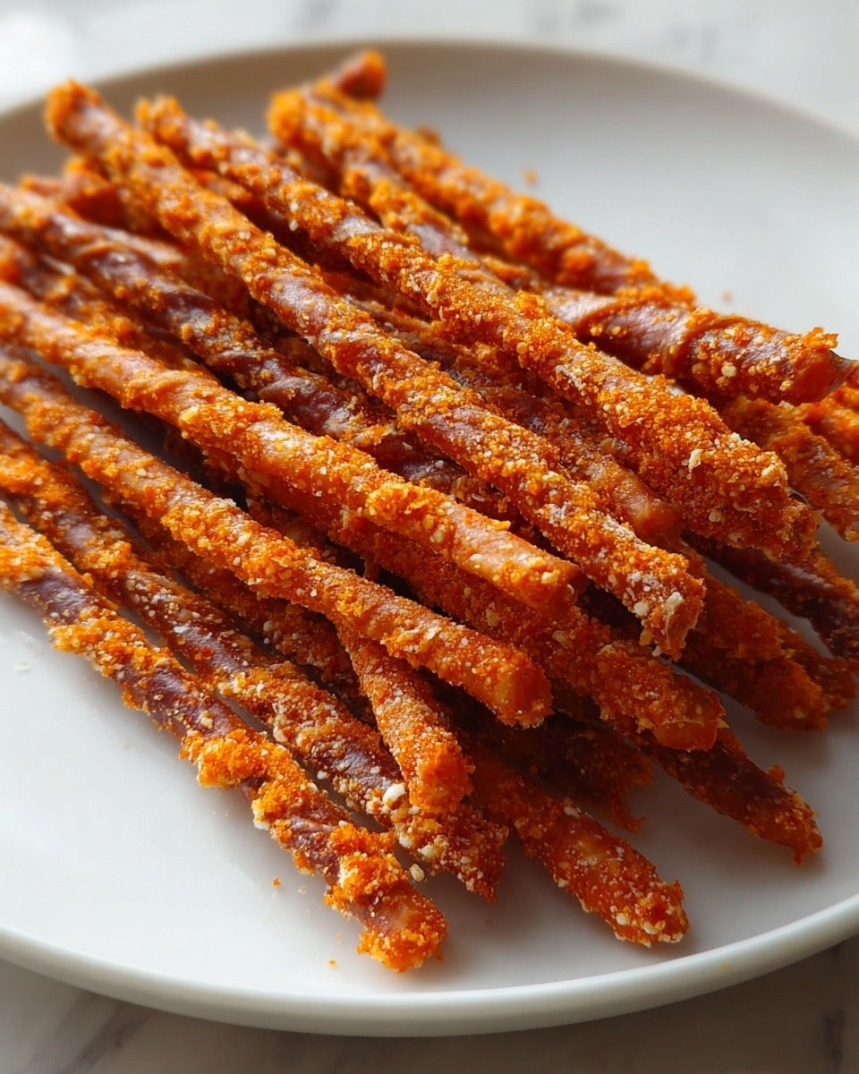 The image shows a white plate filled with about a dozen long, thin, crunchy sticks stacked unevenly in a pile. Each stick is coated with a textured layer of bright orange-red seasoning mixed with specks of white powder, giving them a rough, crispy appearance. The sticks have a slightly twisted shape with a mix of darker and lighter orange hues throughout, highlighting their crunchy surface. The background shows a white marbled texture, with soft natural lighting enhancing the vivid colors and textures of the sticks. photo taken with an iphone --ar 4:5 --v 7