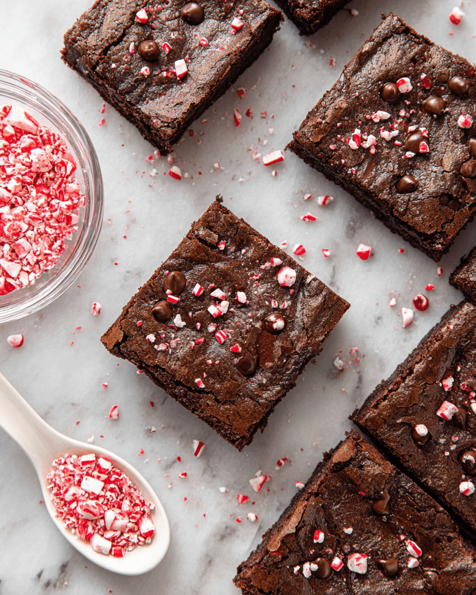The image shows several square chocolate brownies arranged on a white marbled surface. Each brownie has a cracked, slightly shiny top layer that is dark brown with visible smooth chocolate chips embedded in it. The brownies are sprinkled with small red and white crushed candy pieces evenly spread across the top and around them on the surface. On the left side, there is a clear glass bowl filled with more crushed candy pieces, and below it, a white ceramic spoon holds some crushed candy as well. The brownies appear thick and moist with a dense texture. photo taken with an iphone --ar 4:5 --v 7