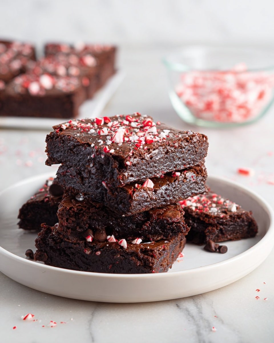 A white plate holds a stack of five rich, dark brown brownies arranged in two layers, with three on the bottom and two on top. The brownies have a moist, fudgy texture visible on the sides, and their flat tops are sprinkled generously with crushed red and white peppermint candy pieces and small shiny chocolate chips. In the background, on a white marbled surface, there is a clear glass bowl with more crushed peppermint candies and a single brownie square blurred out. The overall scene feels bright and clean, with some peppermint crumbs scattered around the plate. photo taken with an iphone --ar 4:5 --v 7