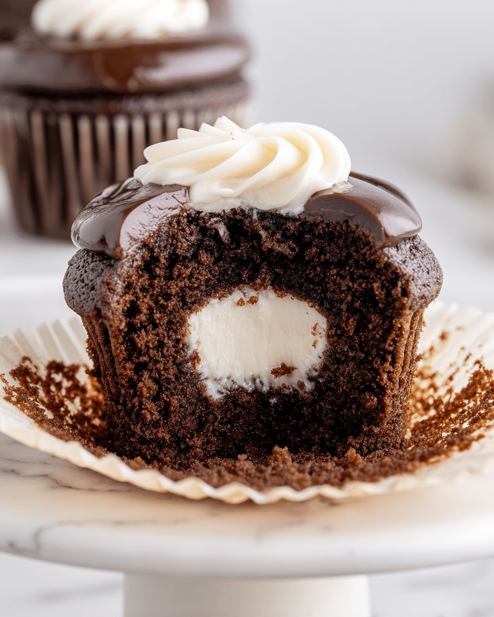 A close-up of a chocolate cupcake with three visible layers: the bottom and middle are rich, dark brown chocolate cake with a soft, crumbly texture, and the center filled with a smooth, creamy white filling. The top layer is glossy dark chocolate frosting with a thick, smooth surface, decorated with a white creamy swirl pattern on top. The cupcake is partially wrapped in a beige paper liner, placed on a white cake stand with a soft white marbled surface in the background. photo taken with an iphone --ar 4:5 --v 7