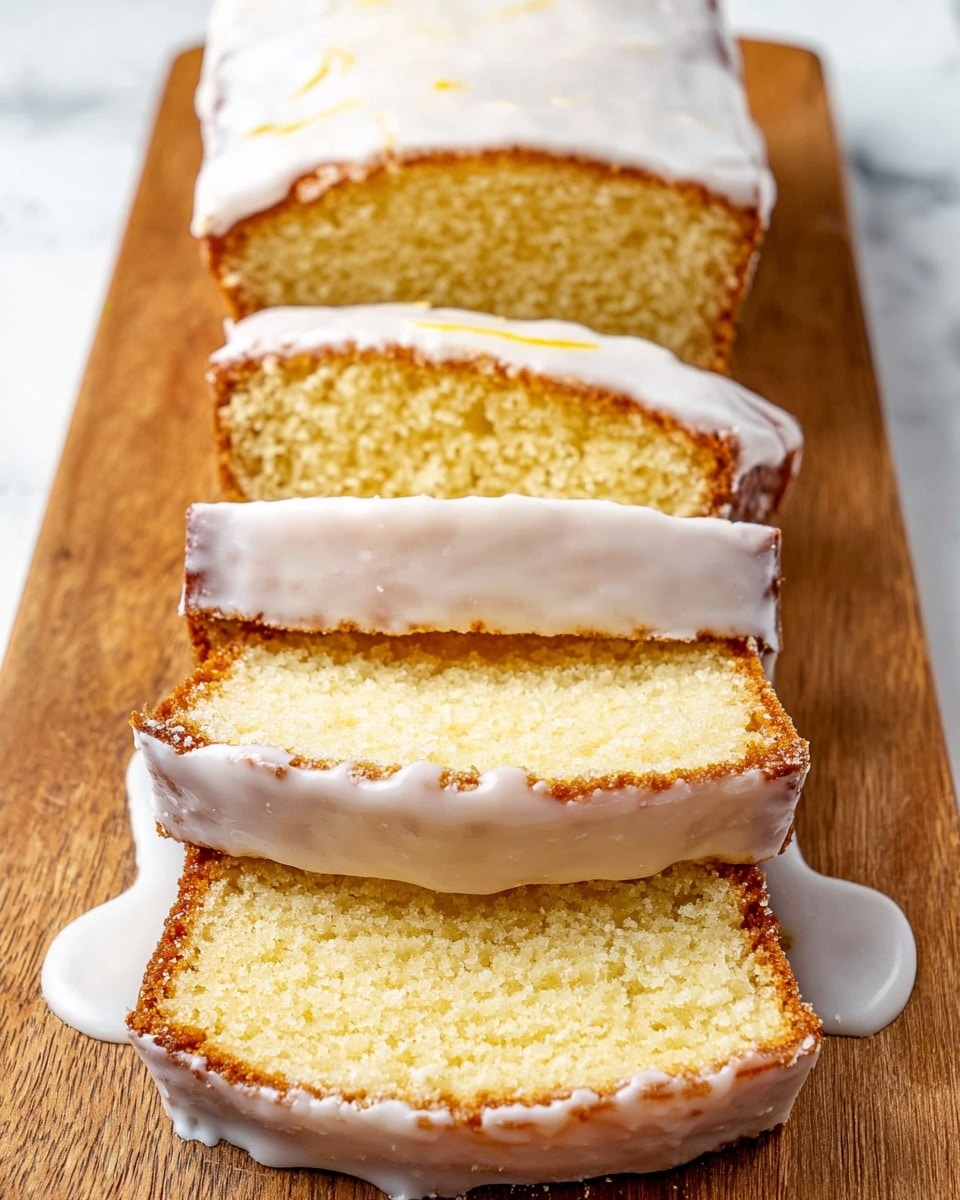 The image shows a loaf-style cake sliced into five pieces and placed on a wooden board. The cake has a light golden yellow inside with a slightly crumbly texture and a thin crispy crust with a light brown edge. It is covered with a thick white icing layer mainly on the top and sides that looks smooth but slightly uneven. The top slice is cut halfway through and set upright behind the rest of the slices, showing the moist interior. The cake slices are arranged in a line with the icing dripping slightly onto the wooden board beneath. The background features a white marbled surface. photo taken with an iphone --ar 4:5 --v 7