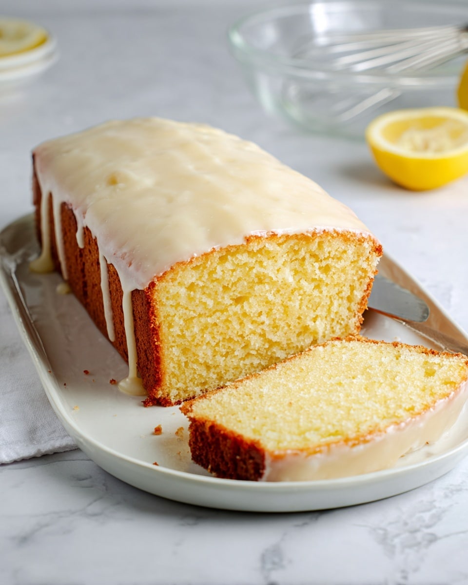 The image shows a loaf cake on a white plate sitting on a white marbled surface. The cake has two main layers: the bottom and sides are golden-brown with a moist, crumbly texture, while the top layer is covered with a smooth, pale yellow icing that looks slightly glossy and thick enough to drip a bit down the sides. One slice is cut and placed next to the loaf, revealing the cake's soft, dense, and bright yellow interior. In the background, some kitchen items like a clear bowl with a whisk and a lemon are faintly visible but blurred. Photo taken with an iphone --ar 4:5 --v 7