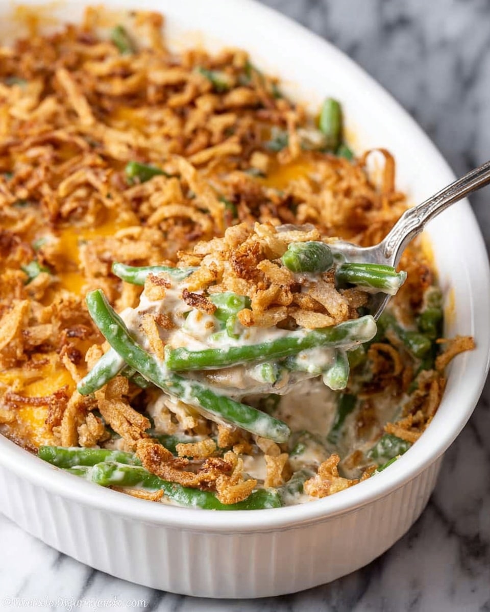 A white oval casserole dish filled with a creamy green bean casserole. The dish has layers visible: at the bottom are green beans mixed with a light beige creamy sauce. On top of the creamy green beans is a thick, crunchy layer of golden brown fried onions, spread evenly across the entire surface. A silver spoon is lifting some of the casserole, showing the creamy and crisp texture mix. The background is a white marbled surface. photo taken with an iphone --ar 4:5 --v 7