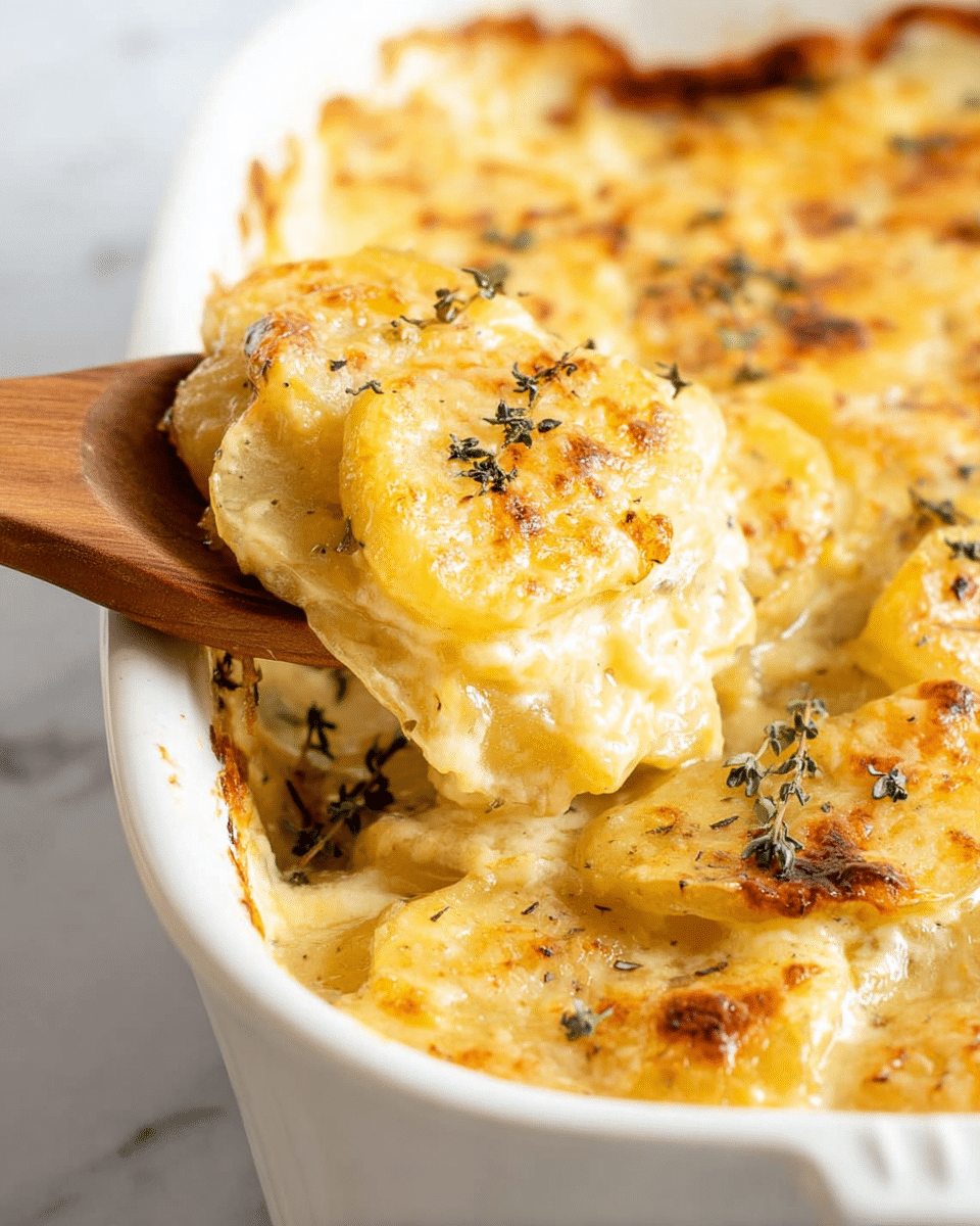 A close-up view of a white dish filled with creamy scalloped potatoes, showing about three layers of thinly sliced yellow potatoes with a smooth, rich cheese sauce covering them. The top layer is golden and slightly browned, with visible small black specks of herbs like thyme scattered around. A wooden spoon lifts a portion, revealing tender, soft potato slices beneath the cheesy crust. The background has a clean, white marbled texture. Photo taken with an iphone --ar 4:5 --v 7