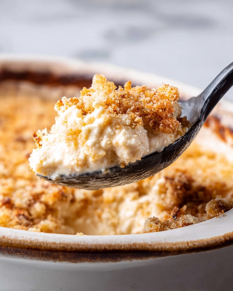 A close-up of a baked dish held in a black spoon, showing one main layer that is creamy white with a thick, pudding-like texture mixed with golden, crumbly bits giving a crunchy contrast. The dish is inside a white ceramic baking dish with light brown baked edges visible. The background is a white marbled surface, softly blurred out, focusing on the mix of soft and crunchy textures in the spoon. photo taken with an iphone --ar 4:5 --v 7