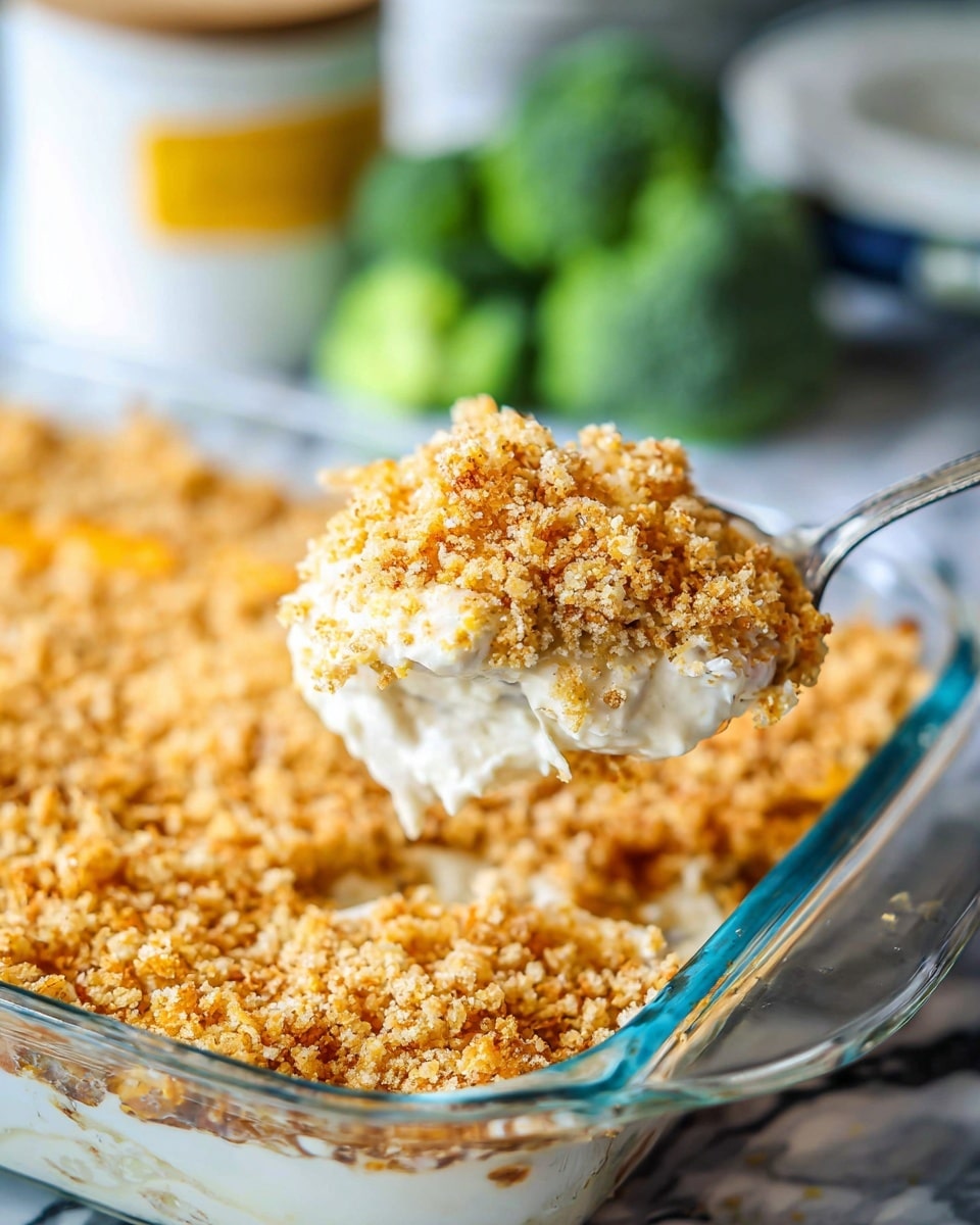 A close-up of a layered casserole in a clear glass dish, featuring a thick, creamy white middle layer topped with a golden-brown, crunchy crumb layer that looks crumbly and crisp. A metal spoon is scooping out a portion, showing the creamy texture under the crumb topping. The background includes blurred green broccoli and a white jar with a yellow lid set on a white marbled texture. photo taken with an iphone --ar 4:5 --v 7