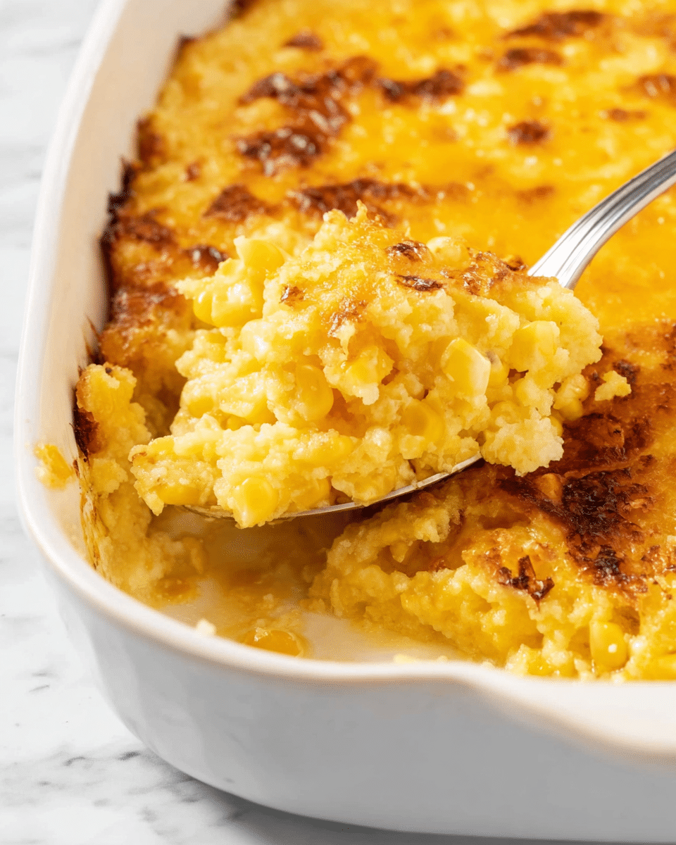 A close-up view of a corn casserole served in a white baking dish with a spoon scooping out a portion. The dish has two main layers: the top is a golden-yellow, slightly crispy and melted cheese layer with some browned spots, while the bottom layer is a creamy, soft mixture containing whole kernels of bright yellow corn, giving a textured look. The casserole appears warm and rich, with the cheese layer sitting unevenly over the corn mixture below. The background is a white marbled texture. Photo taken with an iphone --ar 4:5 --v 7