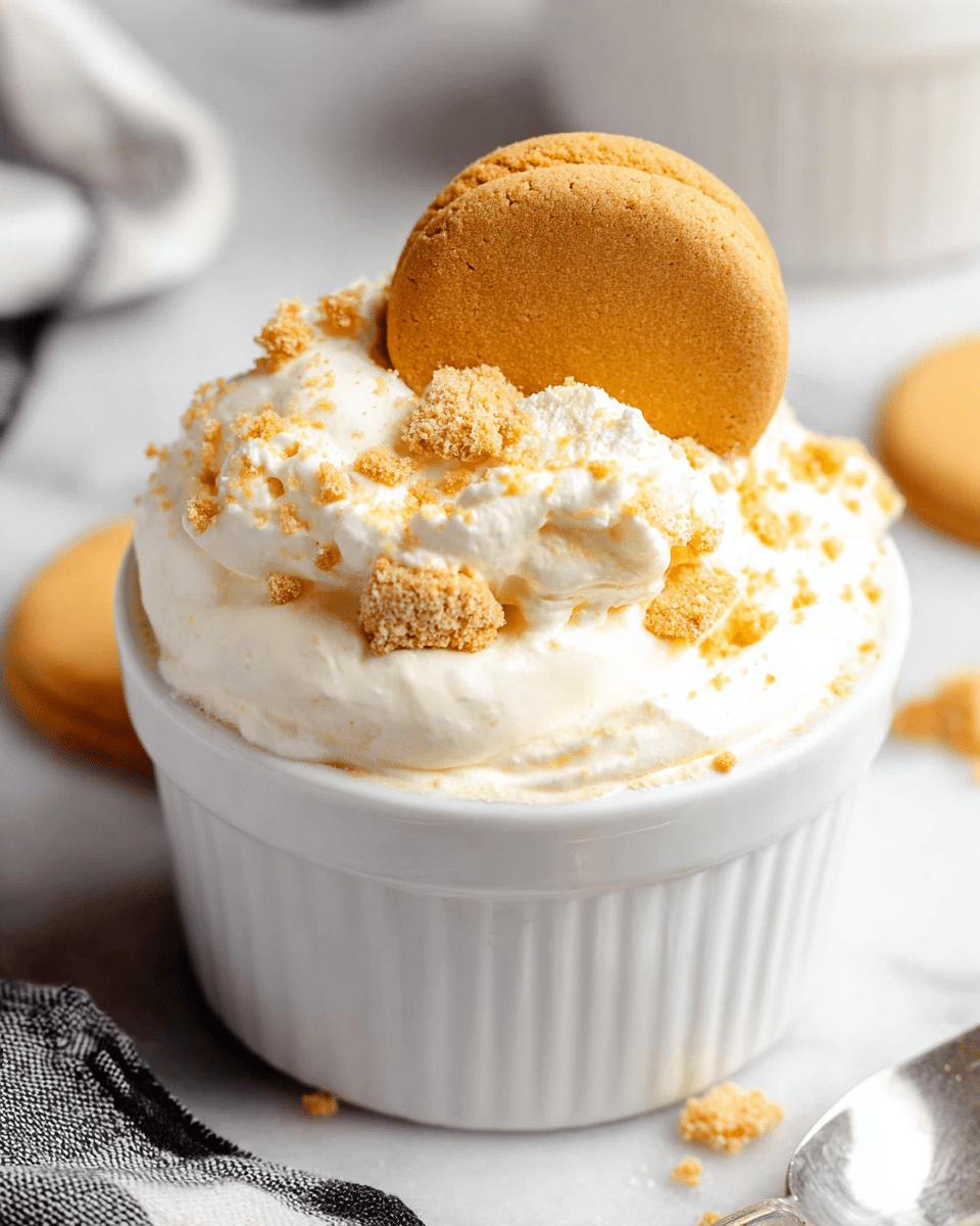 A white ramekin filled with creamy, fluffy layers of off-white whipped mixture mixed with small chunks of light golden cookie pieces, topped with a whole round golden cookie standing upright. The texture of the creamy layer looks smooth and thick, with cookie crumbs scattered on top and around the base of the ramekin on a white marbled surface. A black and white cloth is partially visible on the lower left side near the ramekin, and a silver spoon lies blurred in the background on the right side. Photo taken with an iphone --ar 4:5 --v 7