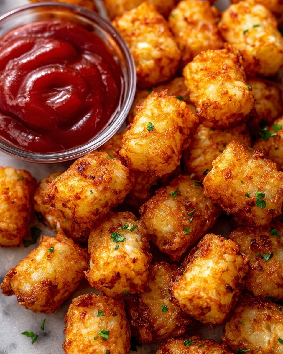 A close-up view of a pile of crispy golden brown tater tots with visible bits of green herbs scattered on top, each piece showing a crunchy and uneven textured surface. To the left side of the image is a small clear glass bowl filled with bright red ketchup, glossy and thick in texture. The tater tots are arranged closely together, some slightly overlapping, resting on a white marbled surface. Photo taken with an iphone --ar 4:5 --v 7