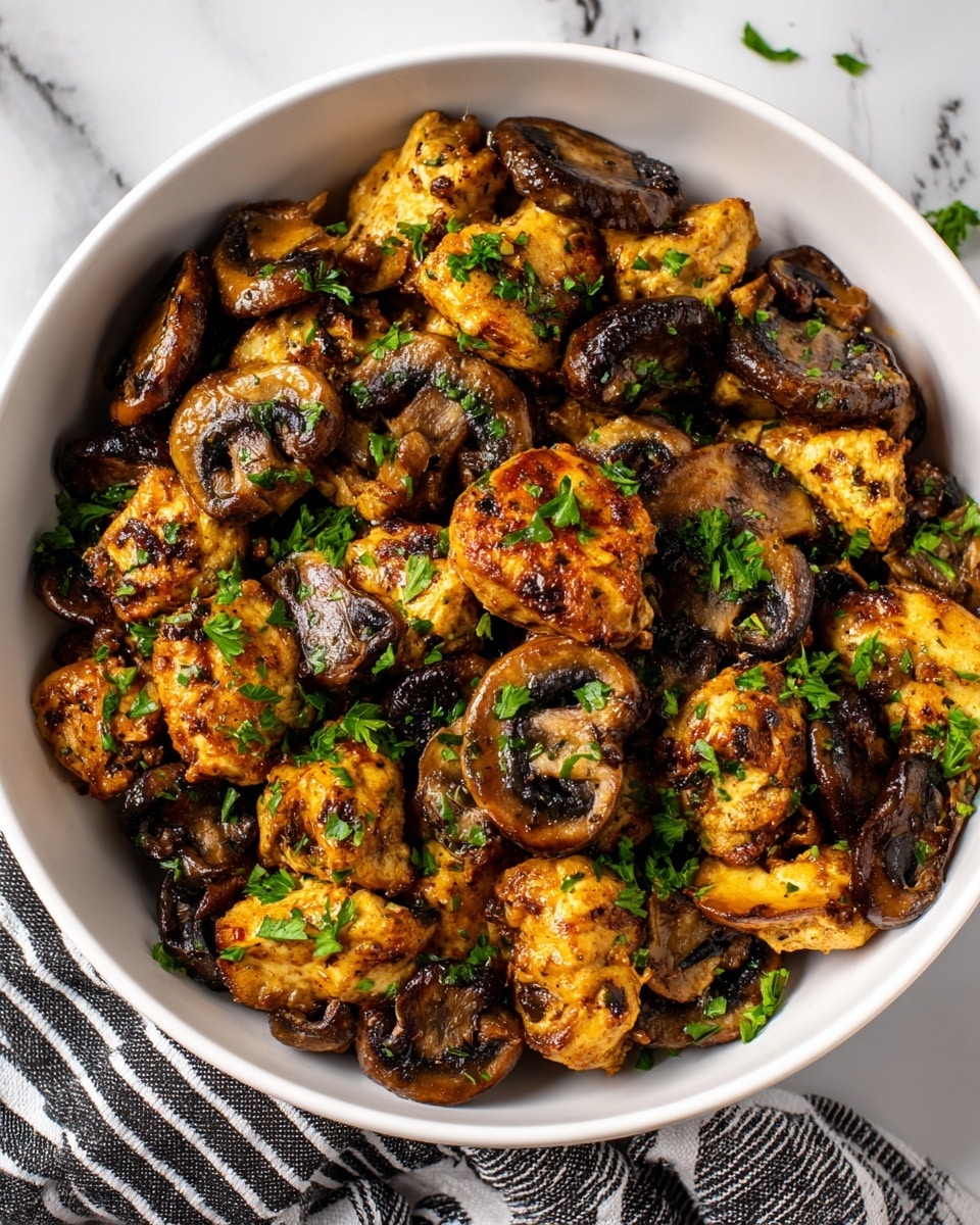 A white bowl is filled with two main layers: the bottom layer has browned, sautéed mushroom slices in dark and light brown shades, while the top layer shows golden-brown, slightly charred chicken chunks with a seasoned, crispy texture. Small green parsley pieces are sprinkled throughout the dish, adding a fresh touch of color on top and between the chicken and mushrooms. The bowl sits on a white marbled surface with a black and white striped cloth partially visible on one side. Photo taken with an iphone --ar 4:5 --v 7