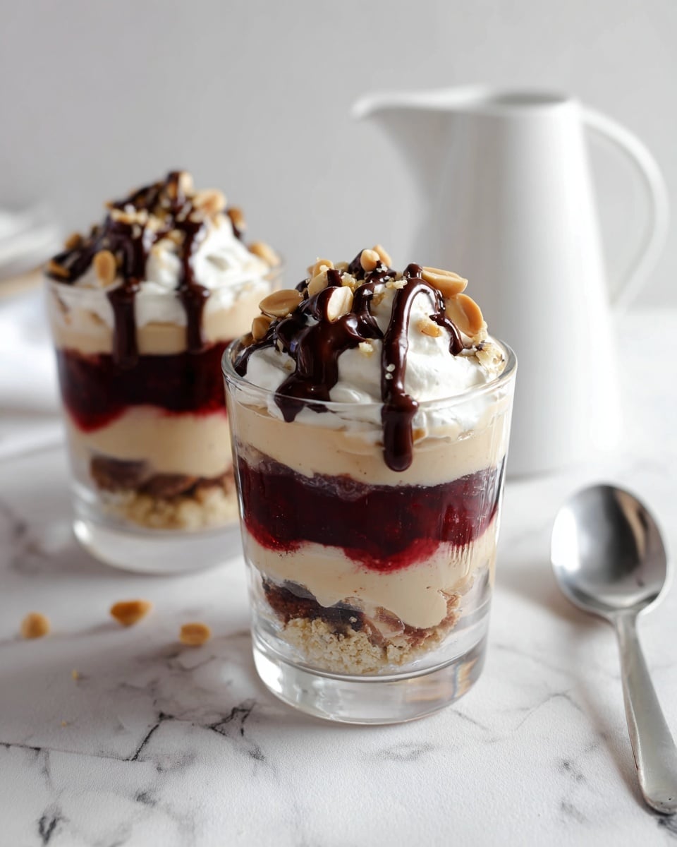 The image shows two clear glass cups filled with a five-layer dessert. The bottom layer is a dark red berry compote, followed by a creamy beige layer. Above that is a crunchy layer with visible nuts and crumbles, then another thick beige cream layer. The top layer is white whipped cream, drizzled with glossy dark chocolate sauce and sprinkled with peanut halves. The cups are placed on a white marbled surface, with a white pitcher and a silver spoon nearby in the background. Photo taken with an iphone --ar 4:5 --v 7