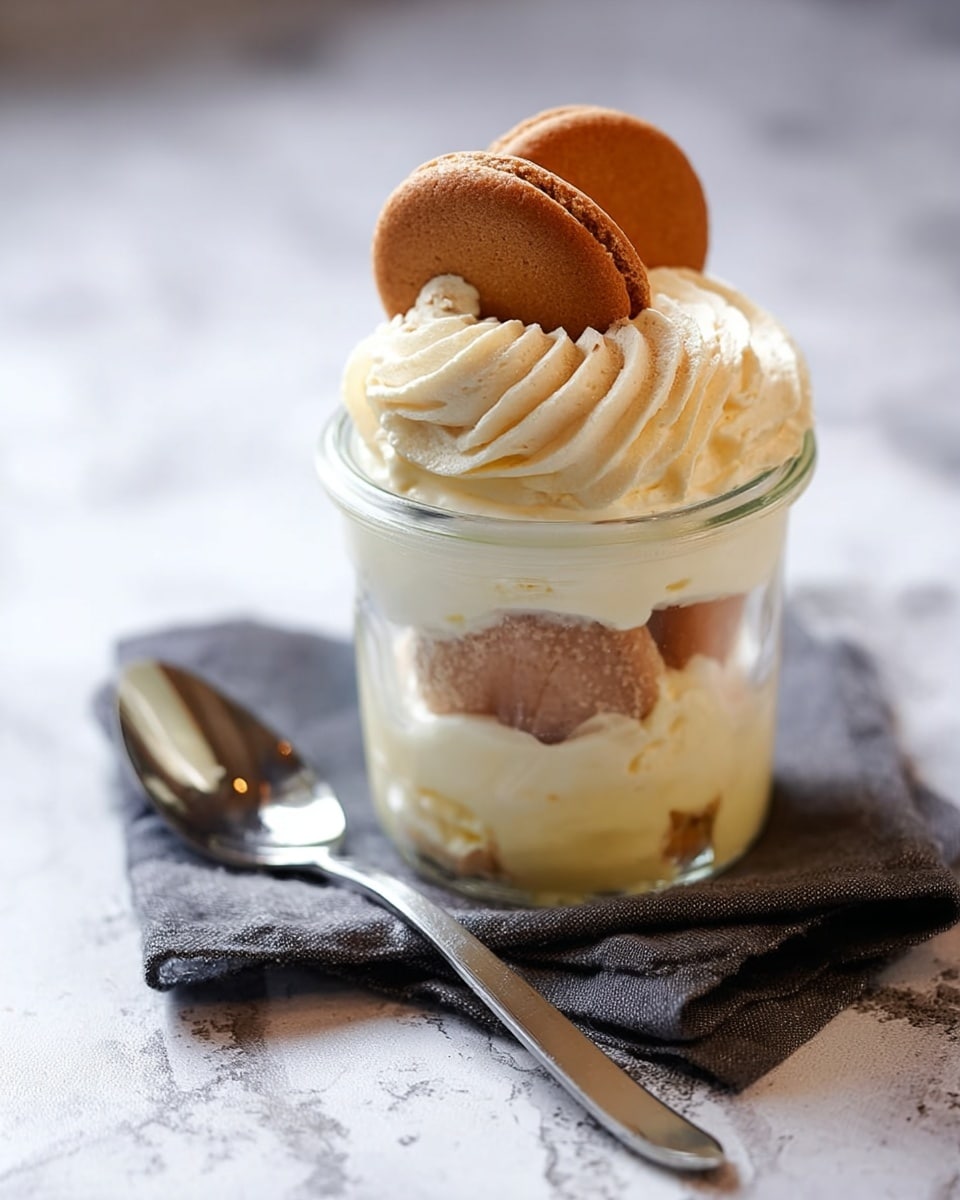 A small clear glass jar filled with three layers: the bottom layer is creamy and pale yellow, the middle layer contains round light brown cookies partly submerged in the cream, and the top layer is thick, swirled creamy filling with two golden-brown cookies placed standing up on top. The jar sits on a folded dark gray cloth napkin, next to a long silver spoon resting on a white marbled surface. Photo taken with an iphone --ar 4:5 --v 7