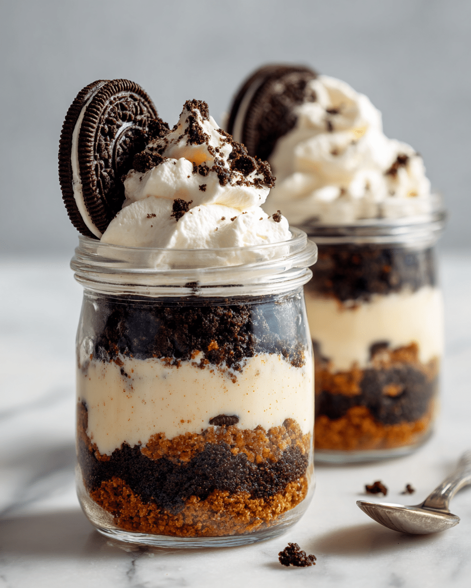 Two small clear glass jars are filled with three layers of dessert. The bottom layer is a dark brown crumbly cookie base. Above this is a thick middle layer of light creamy ice cream mixed with dark cookie crumbs, giving a speckled texture. The top layer is a smooth dollop of white whipped cream that rises above the jar rim. Each jar is decorated with a half of a chocolate sandwich cookie placed upright on the whipped cream. The jars rest on a white marbled surface with a soft bright background. Photo taken with an iphone --ar 4:5 --v 7