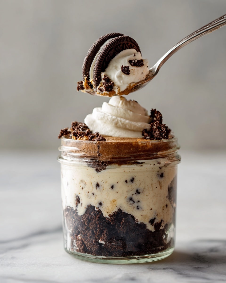 The image shows a clear glass jar filled with three layers of a creamy dessert. The bottom layer consists of dark, crumbly chocolate cookie pieces. Above that is a thick, pale cream mixed with specks of crushed cookies, giving it a mottled look. The top layer is a smooth, white whipped cream dollop, crowned with a half piece of a chocolate sandwich cookie. A silver spoon with a mix of the cream and cookie is lifted from the jar, showing the different textures up close. The jar sits on a white marbled surface. Photo taken with an iphone --ar 4:5 --v 7